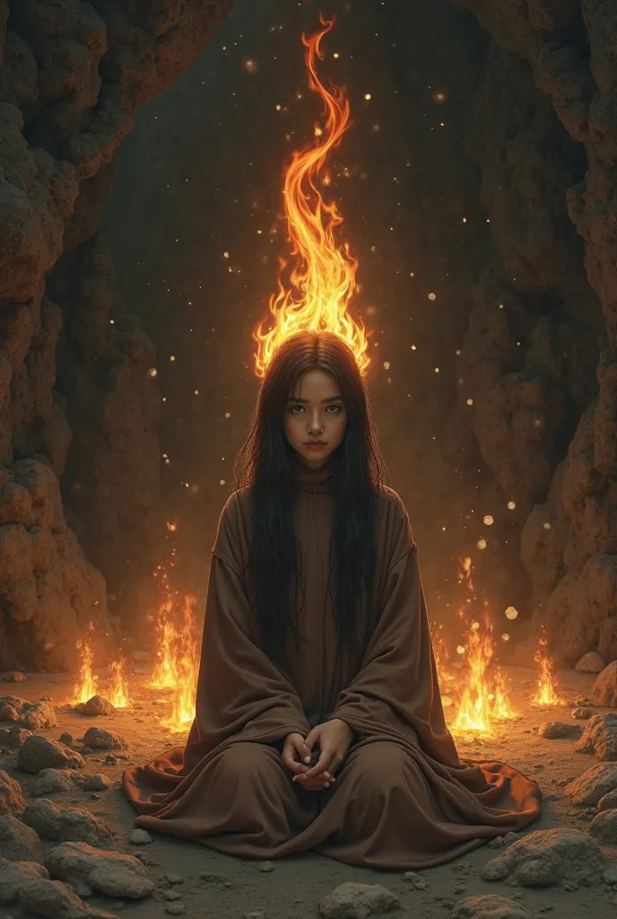 (, masterpiece), (1 girl , solitude,Brown robe, expression face, look elsewhere , Seats, Wide sleeves, Dark eyes, shut up, ribbon-like flames on the head , long hair, cow boy shot), (Mono Color, the night sky at the entrance to the cave , ...