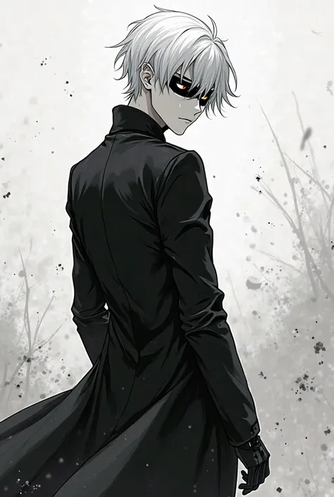 You can make a drawing in the style of a 2d anime in black and white, where an albino guy is looking over his shoulder, wearing a black trench coat, black gloves, a black ribbon covering his eyes
