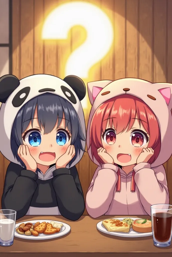 two girls, probably looks like early sex, sitting side by side, Each wears an adorable animal-themed hoodie. The girl on the left is wearing a panda hoodie, It features white and black colors, The panda's blue eyes express surprise. Her hands are placed on her cheeks, A small glass of what appears to be thick juice or cola is placed in front of her. next to it. The girl next to her is wearing a light pink hoodie with cat ears, and takes a larger look at the similarly surprised expression It's open, simplified cartoon-style eyes. There is a food plate placed in front of her, there are small pastries and bread in front of her. behind them, Large, A bold question mark appears with an explosive glow, It enhances the dramatic surprise of the scene. This setting enhances the cozy and vibrant atmosphere, Warm lighting and wood texture suggest a casual dining space or café.
