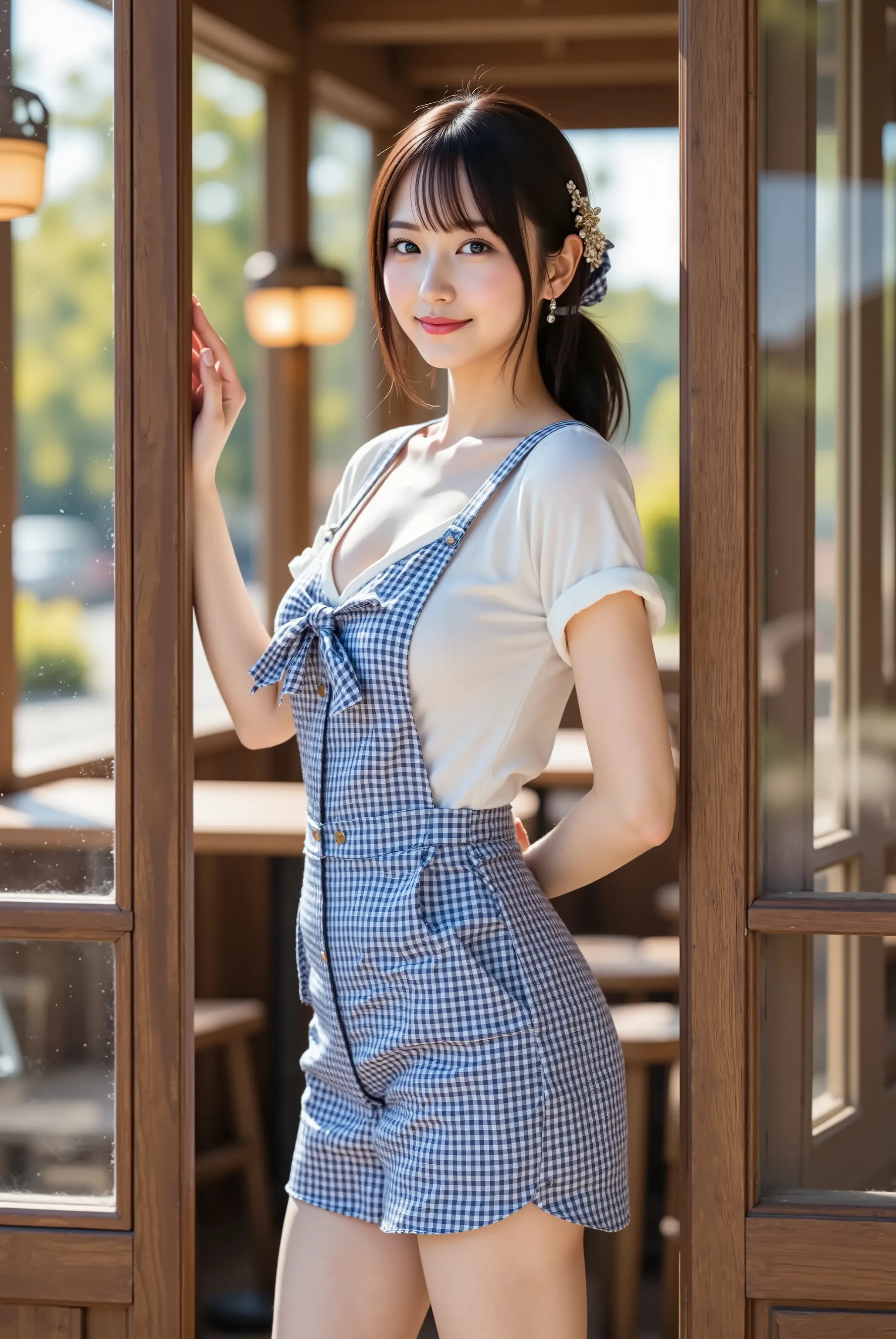 A slender young woman with firm and full breasts held high and compact to showcase a bold and daringly deep and wide cleavage, wearing a crisp white short-sleeve button-up blouse trimmed with delicate ruffles at the sleeve hems, paired with a blue-and-whit...