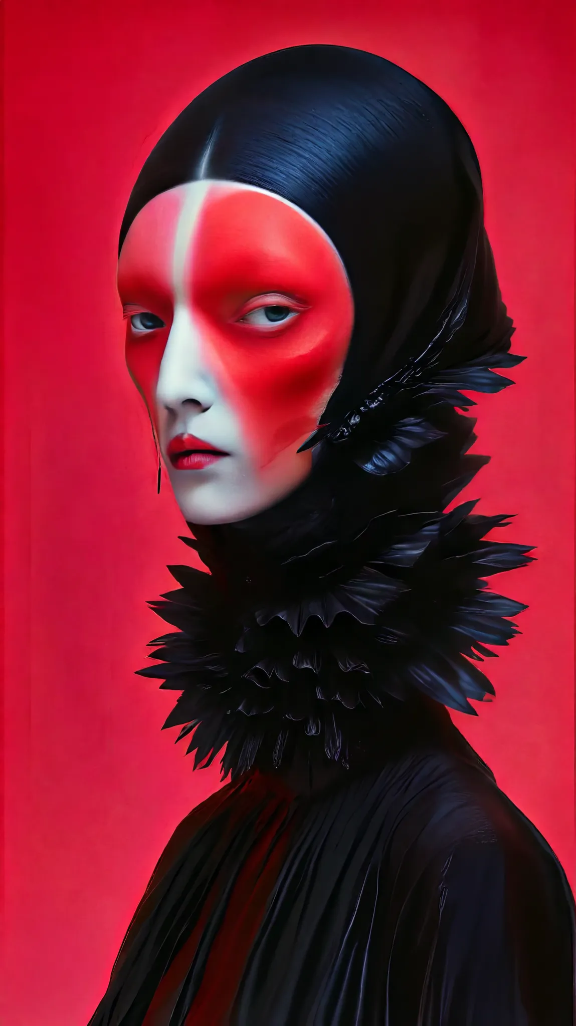 Tim Walker inspired, photography, trendy close up, Ultra-red background, leather fetish extreme sinister, whimsical settings, surreal elements, creative storytelling, vibrant colors, (detailed face:1.05), hyperrealistic, Photorealistic. Gothic
