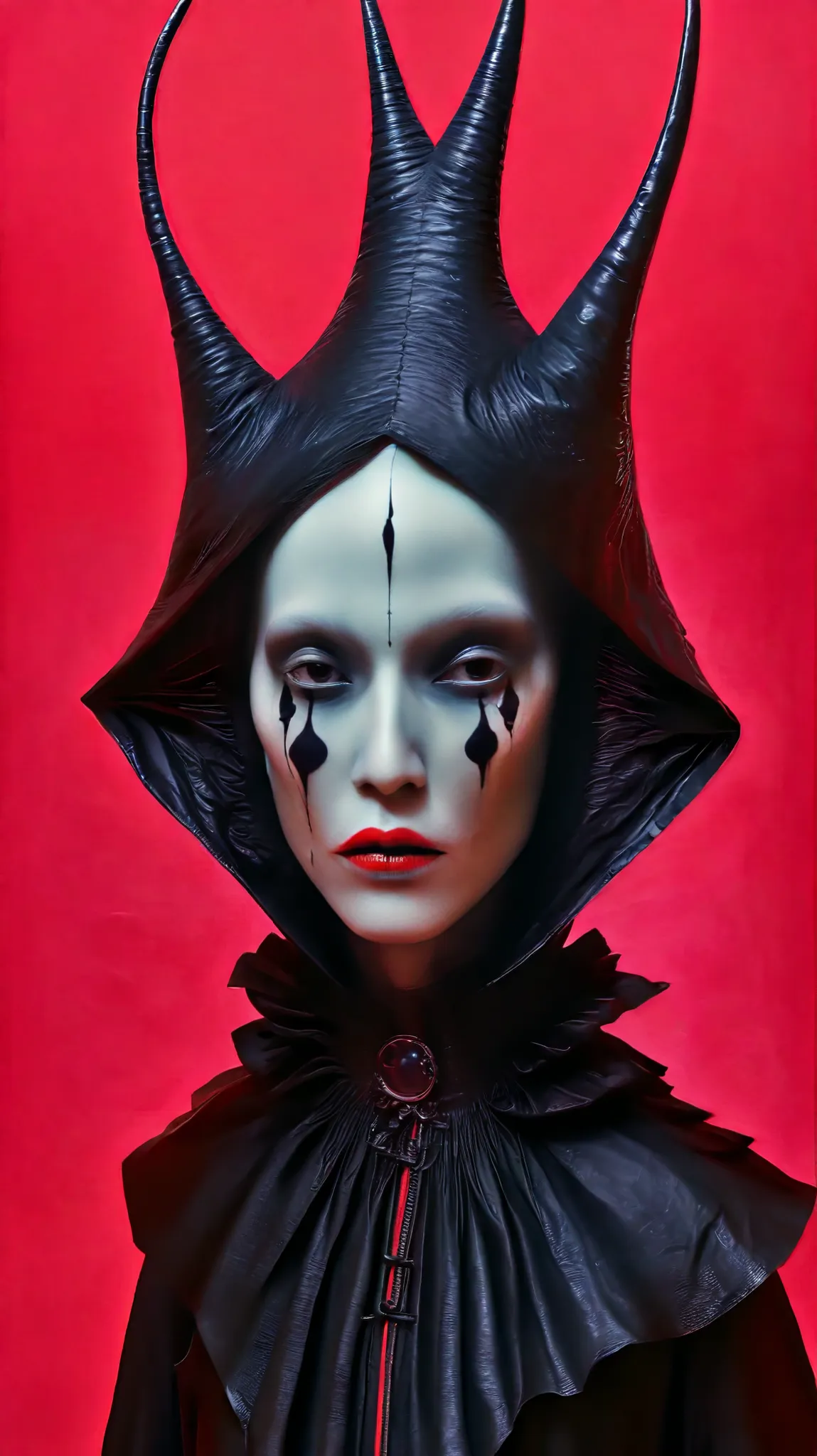 Tim Walker inspired, photography, trendy close up, Ultra-red background, leather fetish extreme sinister, whimsical settings, surreal elements, creative storytelling, vibrant colors, (detailed face:1.05), hyperrealistic, Photorealistic. Gothic