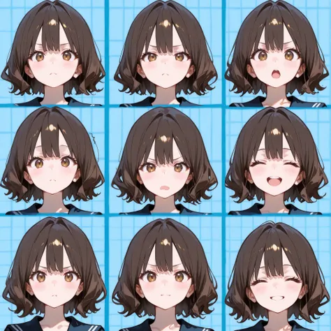 (masterpiece, Highest Quality, fully completed:1.4), 4K、（grid view）、Collage Art、Andy Warhol、Uneven frame splits、anime style、face focus, 1girl, full body image、elementary school student、Women、short、petite body、short hair、wavy hair、Brownish hair colour、Vario...