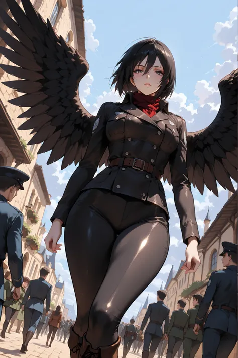 dutch angle ,powerful scene,Masterpiece, best quality,mature female, Mikasa, beautiful eyes, beautiful face, dark grey eyes, sexy mouth, pale skin, black hair, seductive eyes, European girl,black,thick thighs, military uniform, wings of freedom, black boot...
