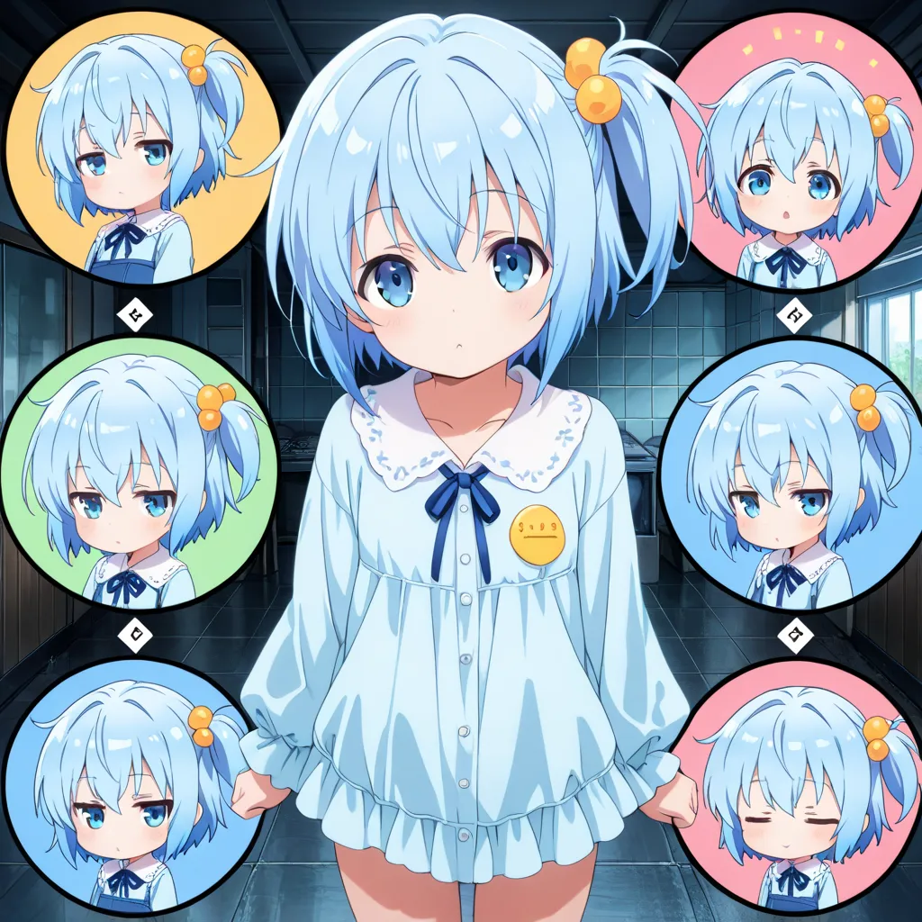 score_9, score_8_up, score_7_up, ((Highest Quality)), ((masterpiece)), ((details)), ((anatomically correct)), 1 girl, anime, 9 grid,  Chibi Girl, various expressions, blue hair, short hair, side ponytail, cute clothes