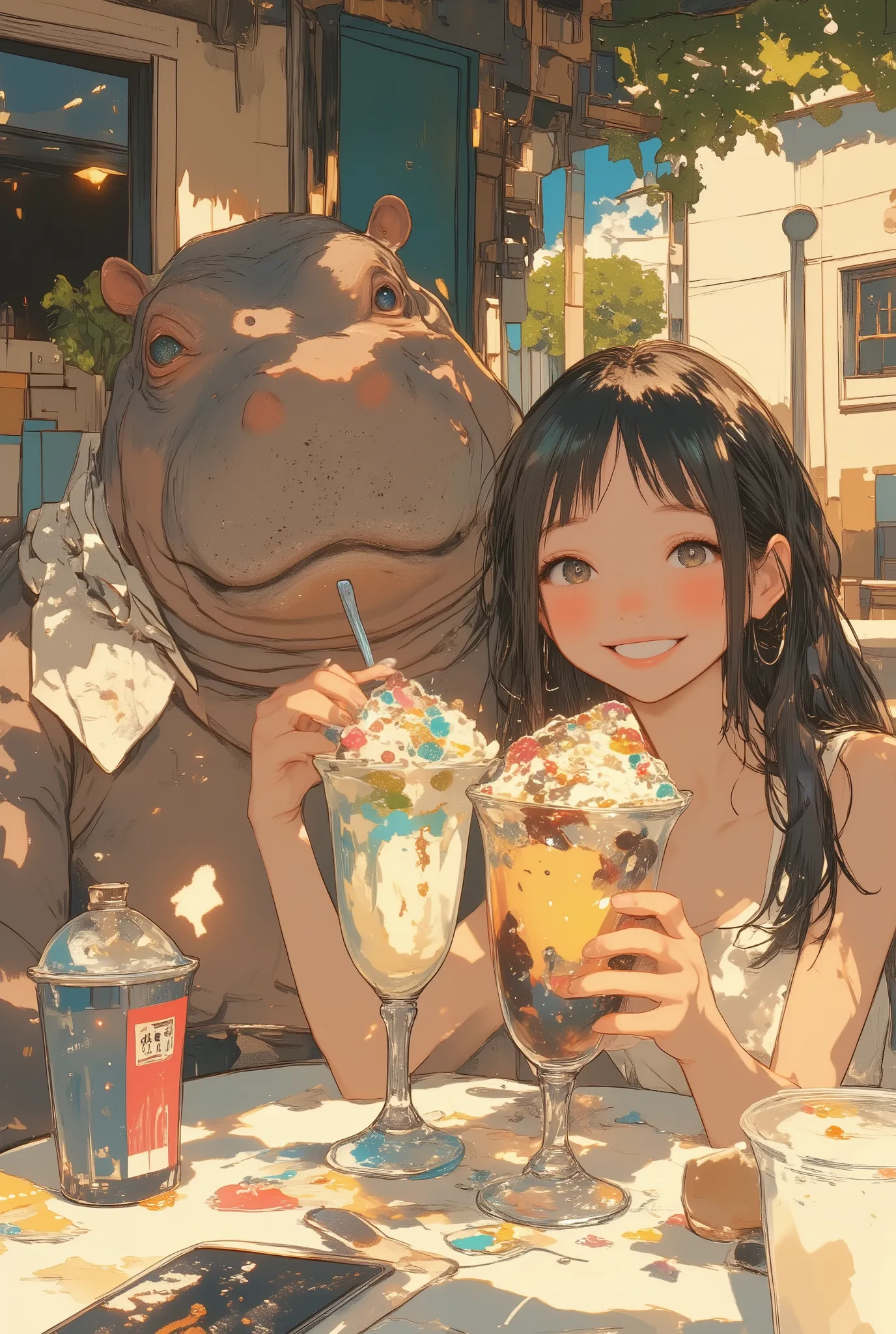 anime-style illustration, a young girl with long dark messy hair in a summer dress sitting on a sunny outdoor cafe terrace, smiling brightly with joyful eyes as she shares a large colorful ice cream sundae with a friendly hippo sitting beside her, both hap...