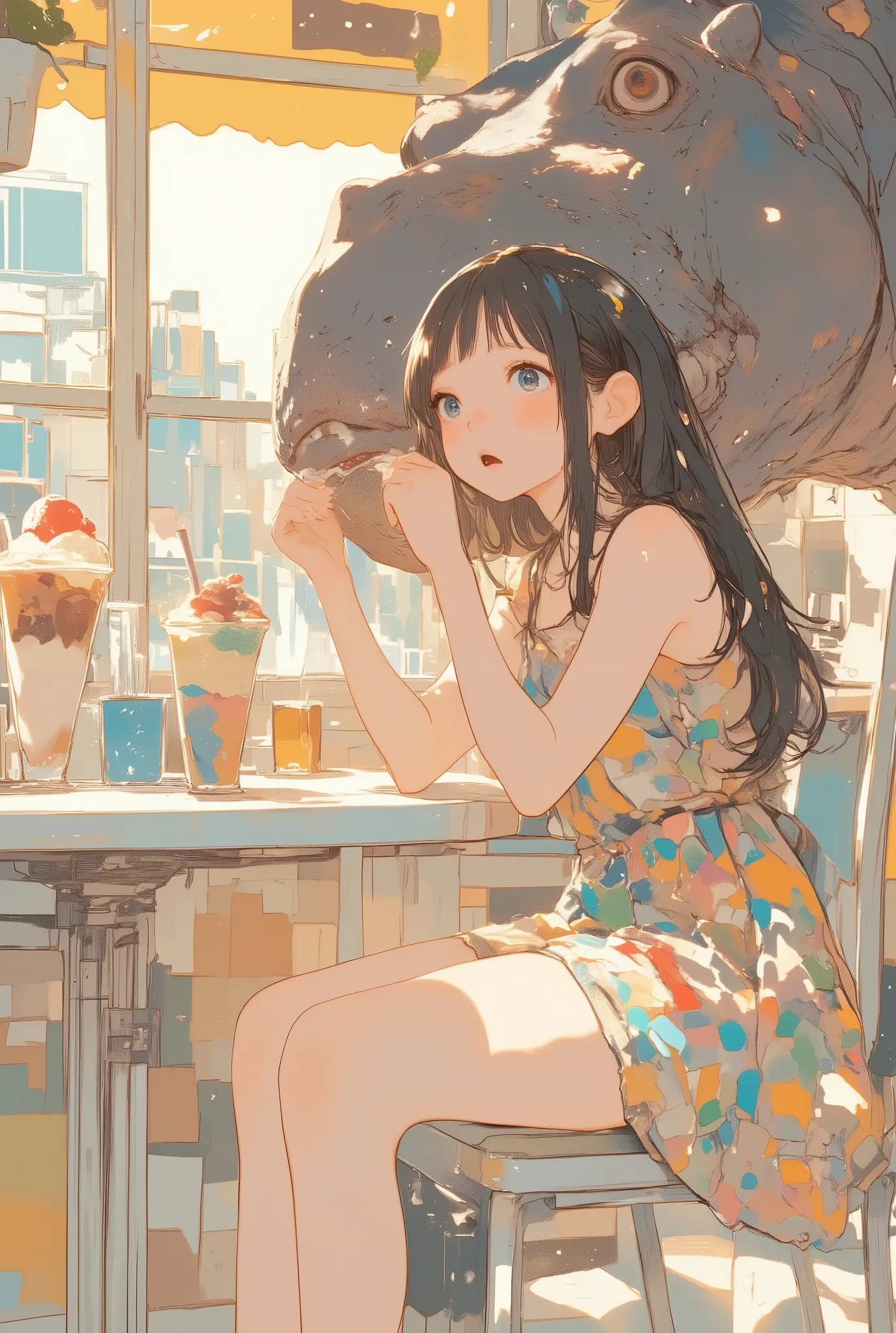 anime-style illustration, a young girl with long dark hair in a summer dress, sitting at a cafe table, eyes wide in shock and mouth open mid-gasp, as a large friendly hippo unexpectedly leans in from the side and takes a bite of her tall colorful ice cream...