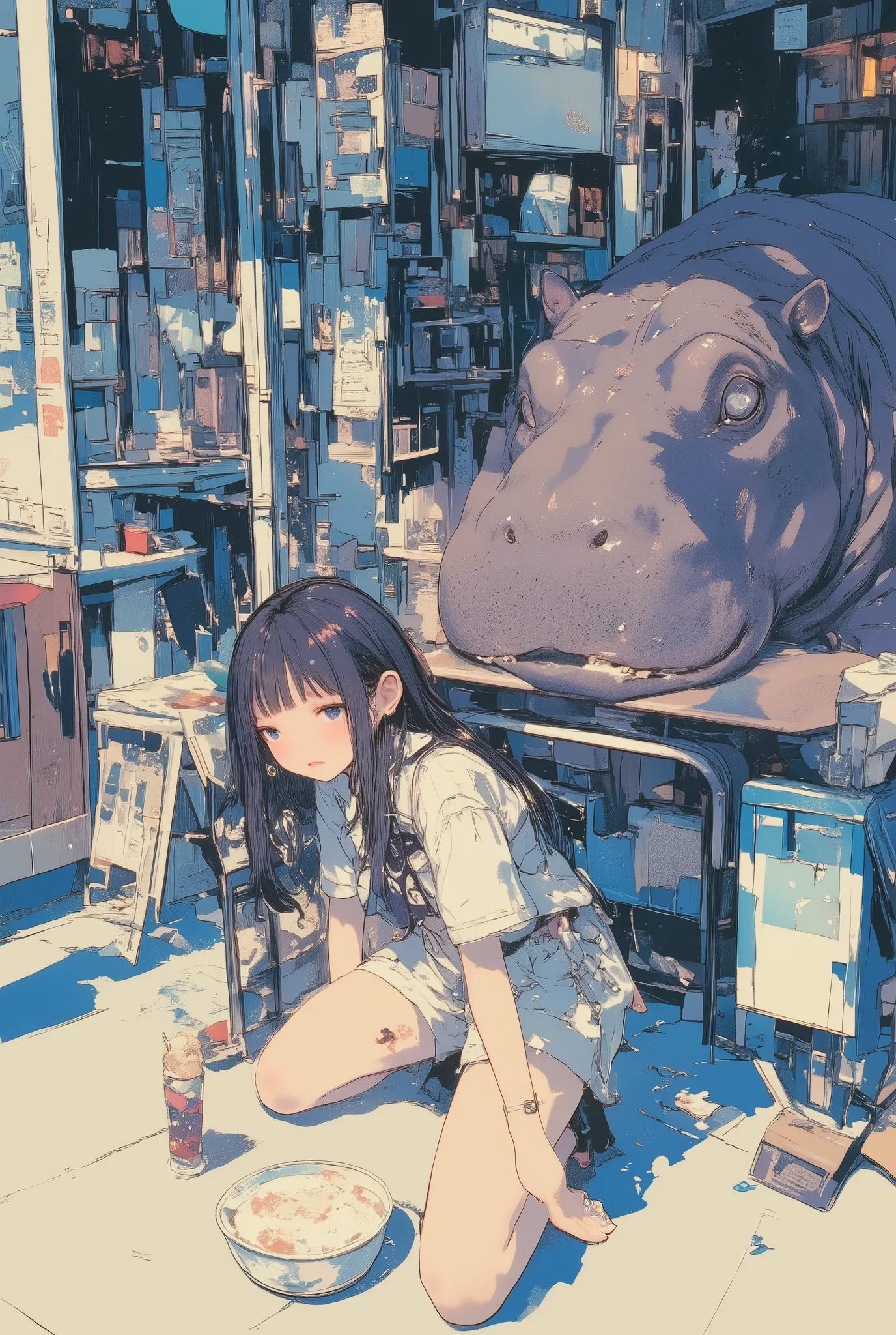 anime-style illustration, a young girl with long dark hair in a summer dress, kneeling on the ground of a café terrace, crying her eyes out with large tears streaming down her cheeks, her face full of heartbreak and despair, magical energy subtly cracking ...
