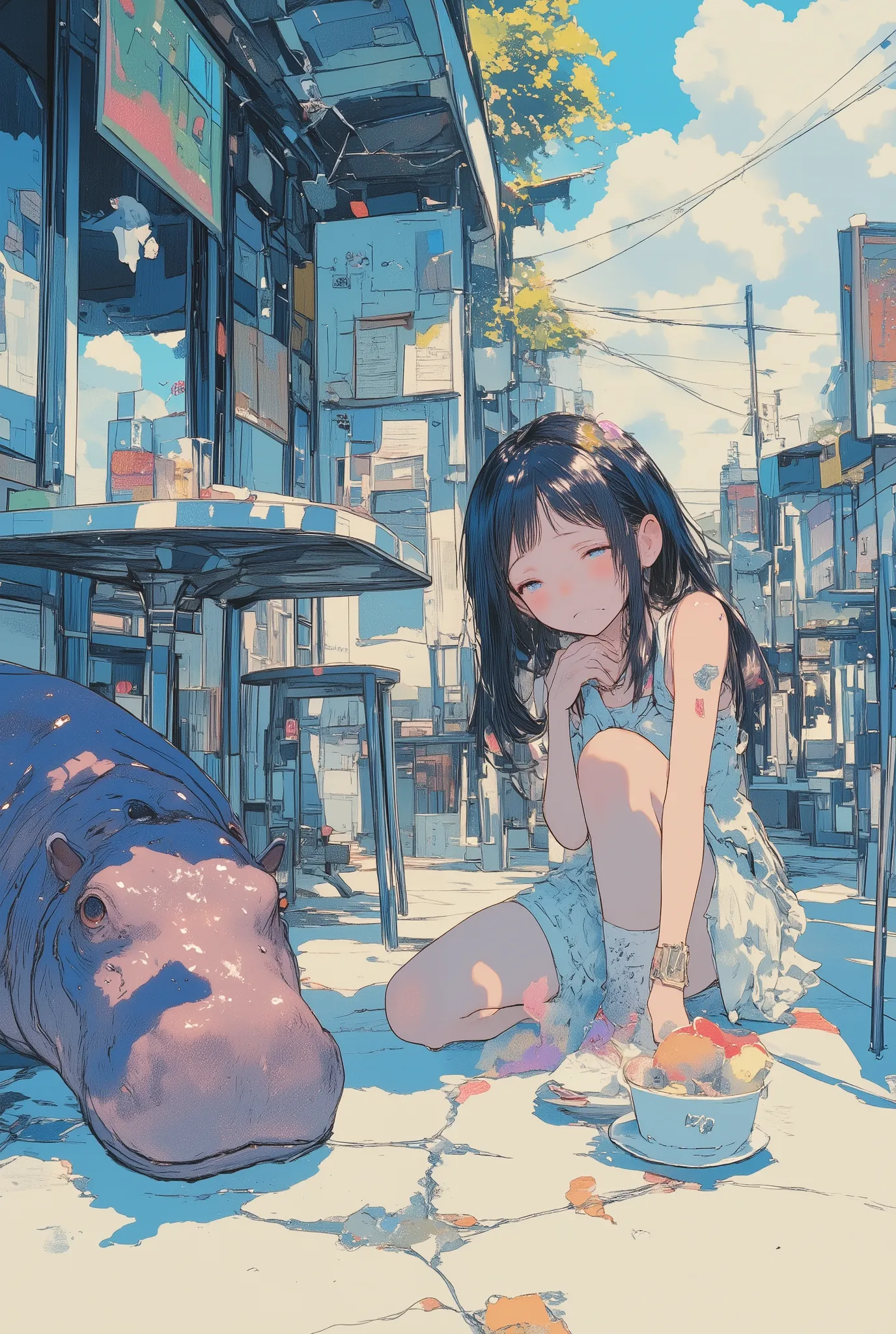 anime-style illustration, a young girl with long dark hair in a summer dress, kneeling on the ground of a café terrace, crying her eyes out with large tears streaming down her cheeks, her face full of heartbreak and despair, magical energy subtly cracking ...