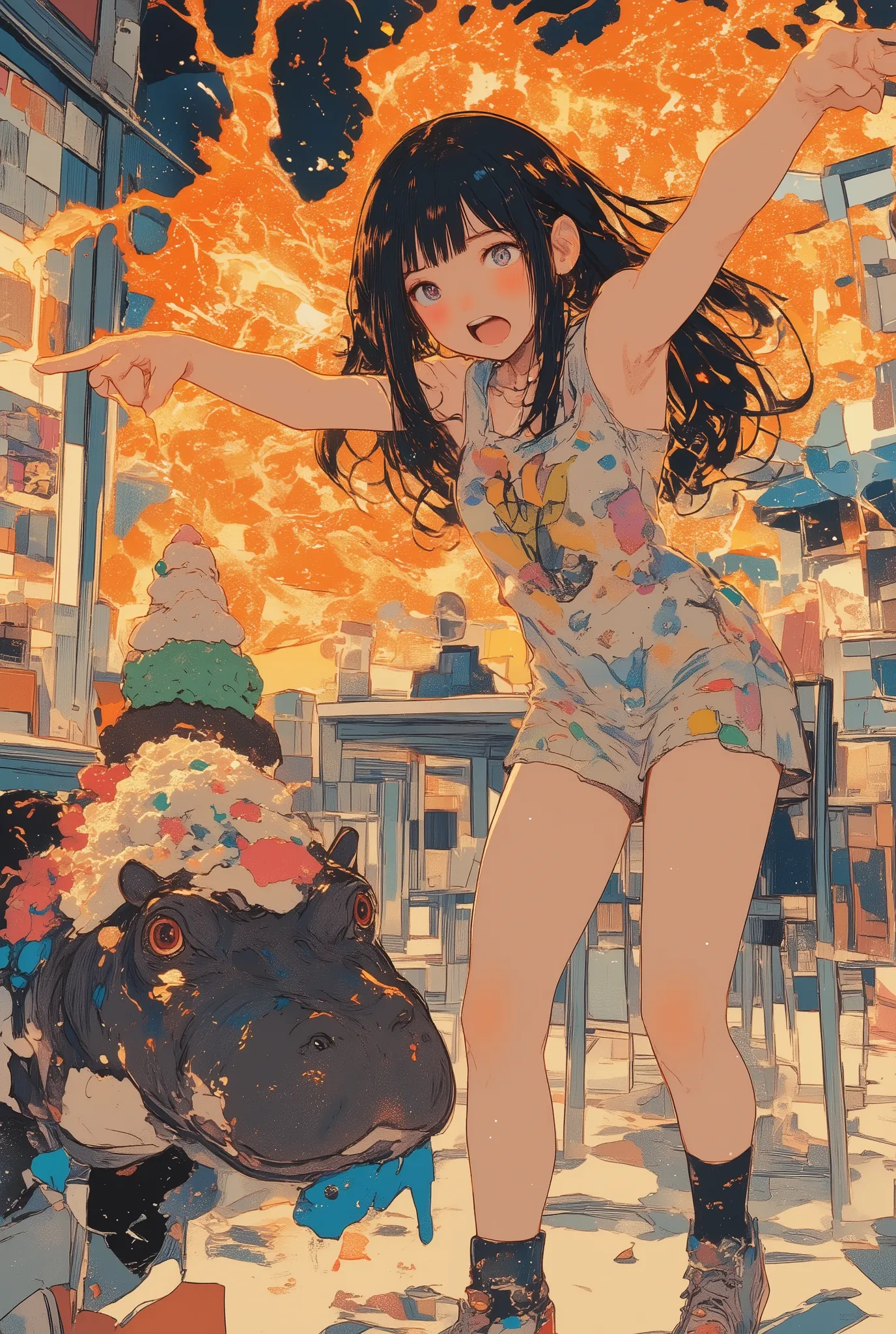 anime-style illustration, a young girl with long dark hair in a summer dress, standing up from her cafe chair with fiery rage, her eyes blazing and mouth wide open in a dramatic yell, magical energy and sparks surrounding her, as she points accusingly at a...