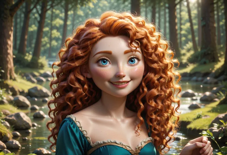 (nude) princessmerida, blue eyes, freckles, long curly orange hair, wavy hair:1.2, natural small breasts, trim pubic hair, mature woman, BREAK, (full body), smiling at viewer, shy, sexy pose, BREAK, in a deserted summer forest by a lake BREAK, masterpiece,...