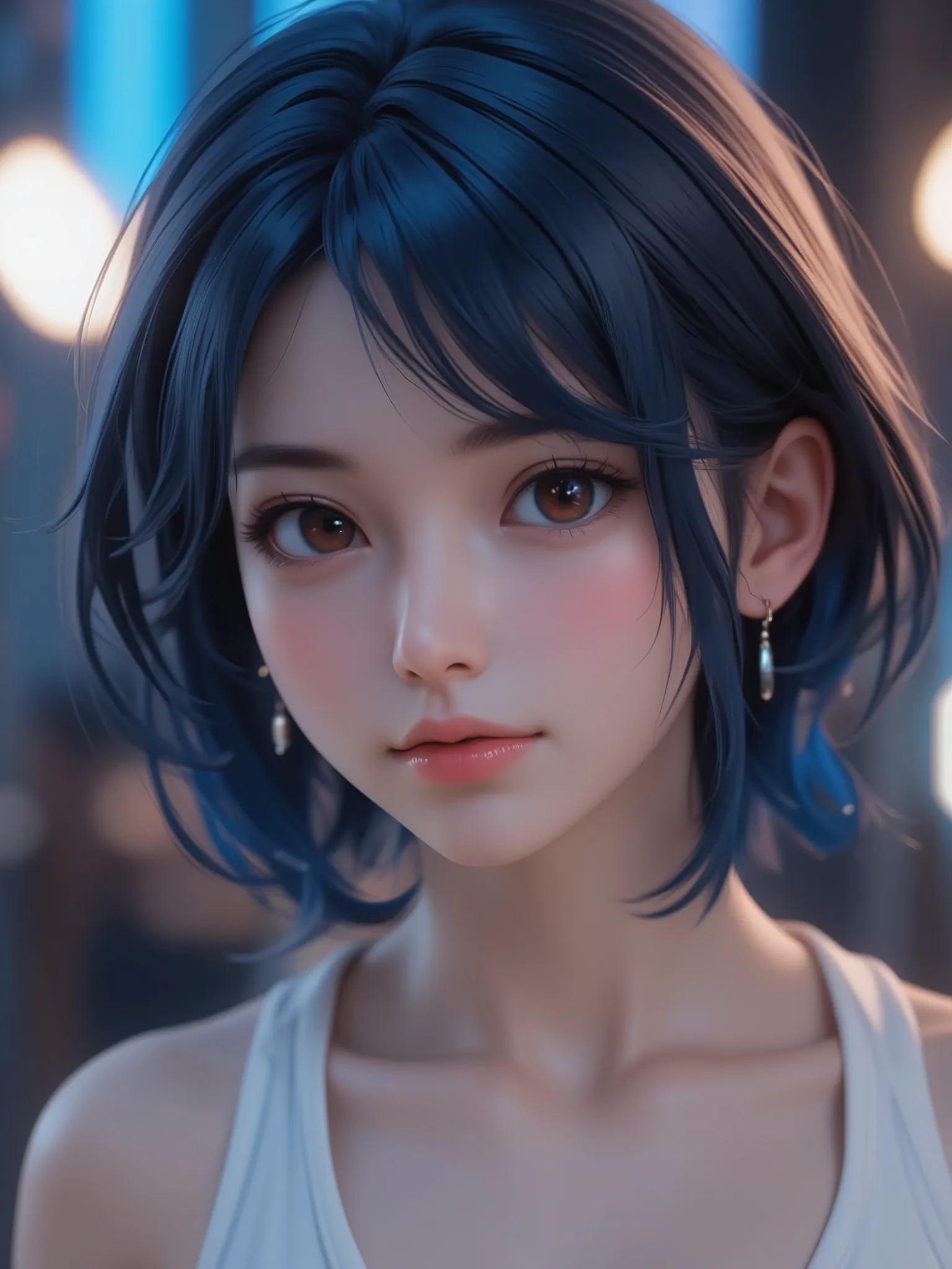 super realism, dark blue hair, short hair, super high resolution, 8k, master piece, sublime, fractal, intricate, high quality CG, Beautiful CG, Soft Light, fashion brand image, Fashionable and casual, The Tyndall effect, lifelike, studio, Side lighting, (H...