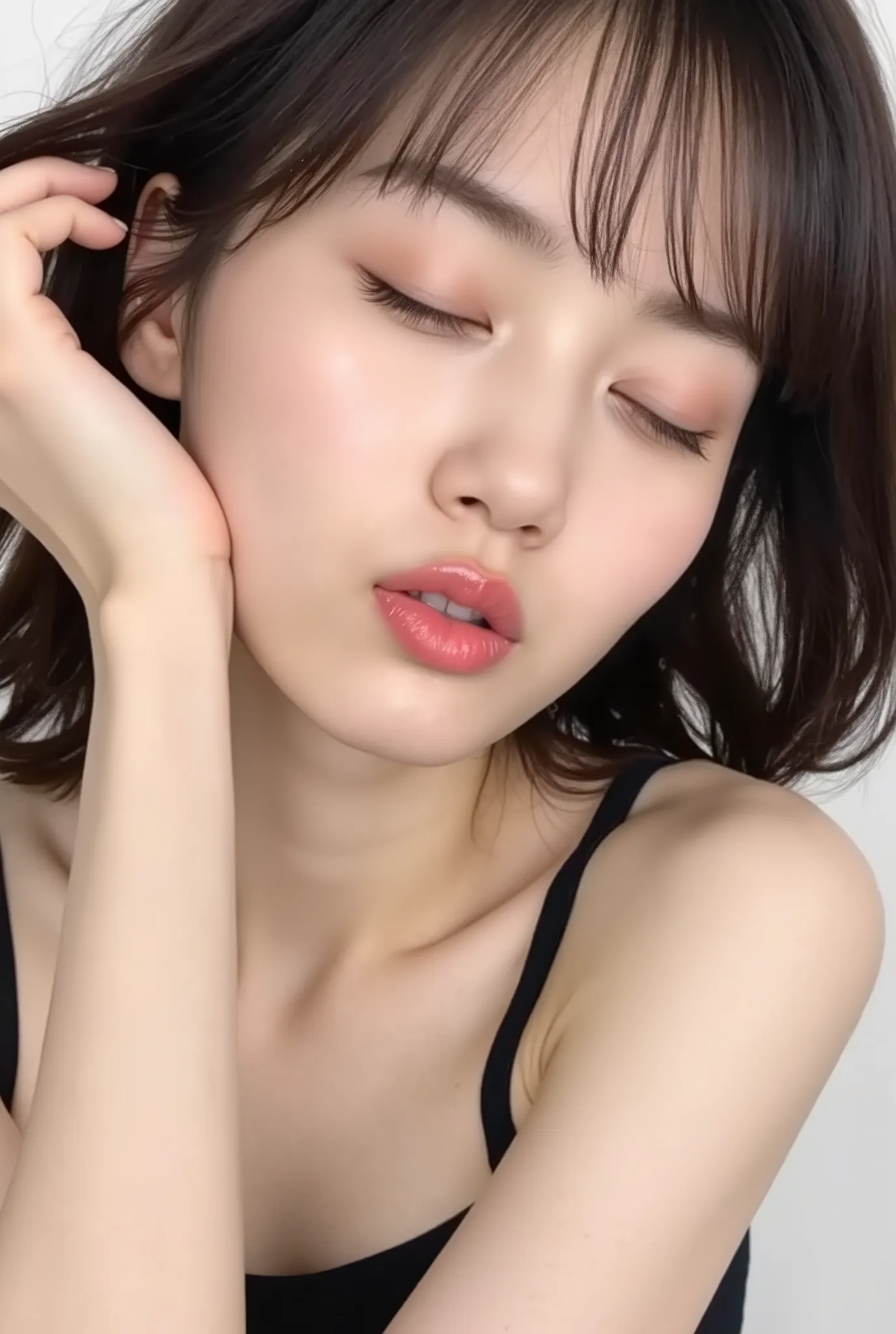 Japanese girl, head and collarbone in frame, black camisole, lips strongly pushed forward in a rounded puckered shape, circular kissy lips with intense gloss, lips as main focal point, soft pink wet lips with high-shine highlights, eyes closed with joyful ...