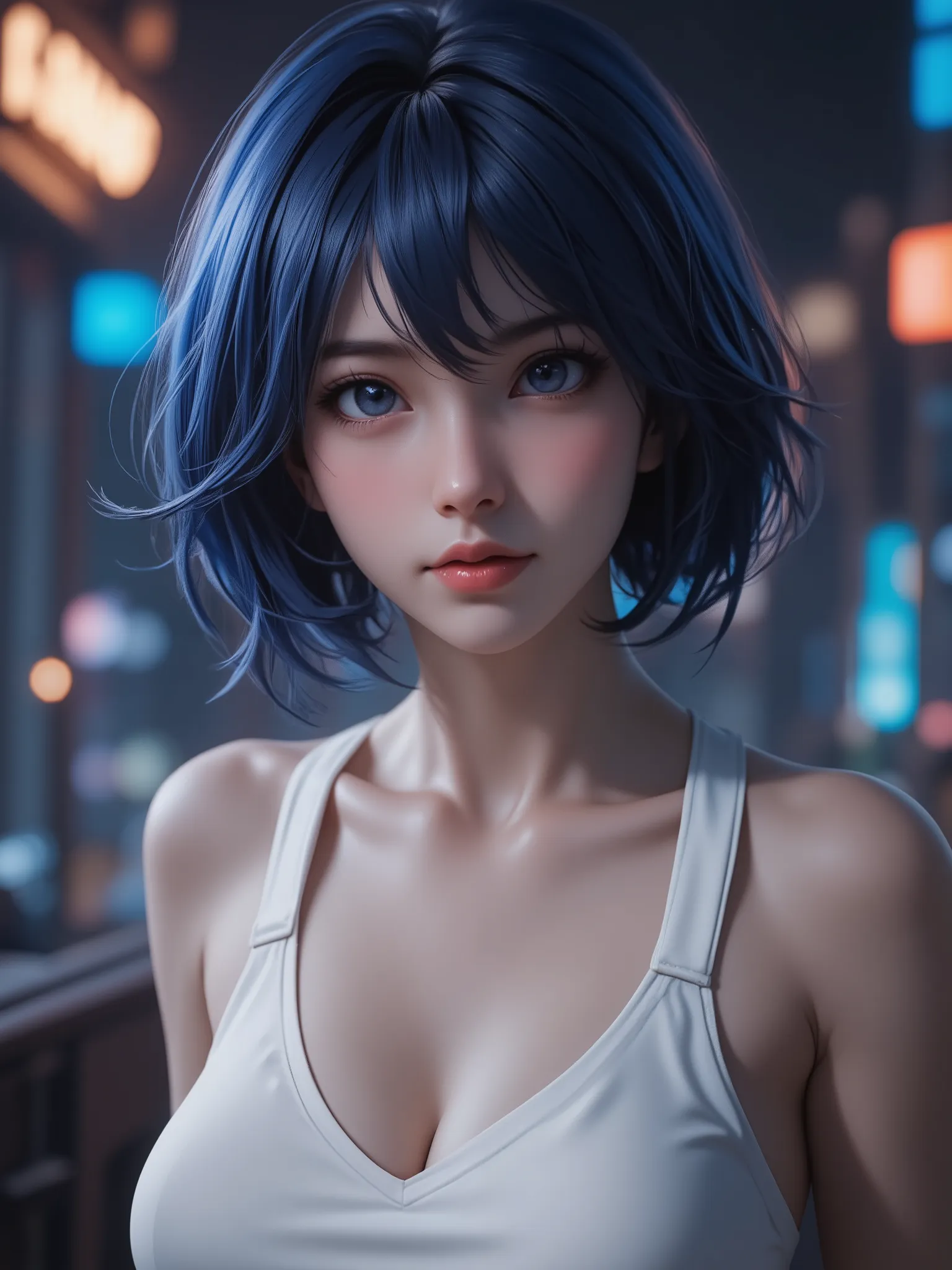 super realism, dark blue hair, short hair, super high resolution, 8k, master piece, sublime, fractal, intricate, high quality CG, Beautiful CG, Soft Light, fashion brand image, Fashionable and casual, The Tyndall effect, lifelike, studio, Side lighting, (H...