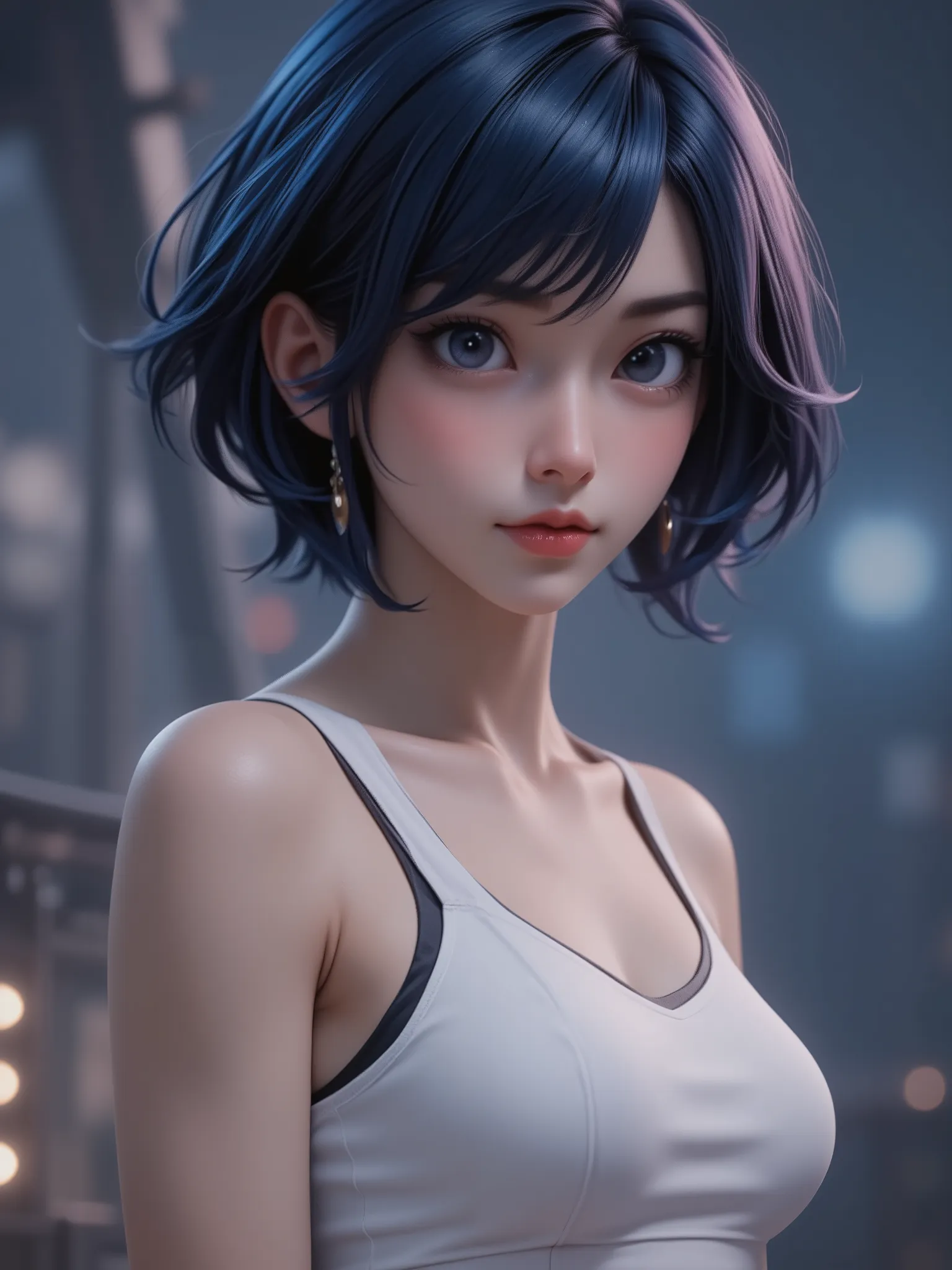 super realism, dark blue hair, short hair, super high resolution, 8k, master piece, sublime, fractal, intricate, high quality CG, Beautiful CG, Soft Light, fashion brand image, Fashionable and casual, The Tyndall effect, lifelike, studio, Side lighting, (H...