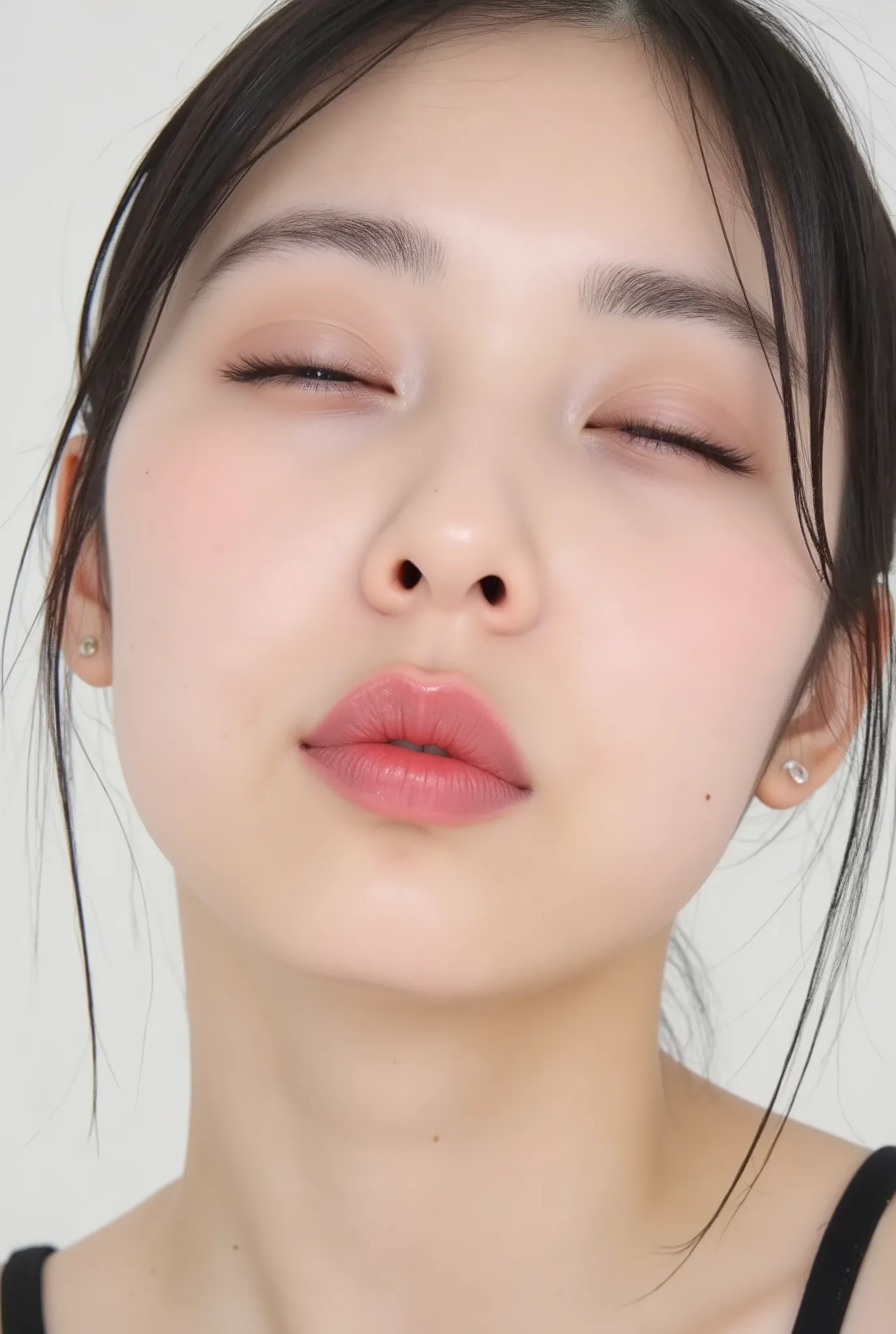 Japanese girl, head and collarbone in frame, black camisole, lips strongly pushed forward in a rounded puckered shape, circular kissy lips with intense gloss, lips as main focal point, soft pink wet lips with high-shine highlights, eyes closed with joyful ...