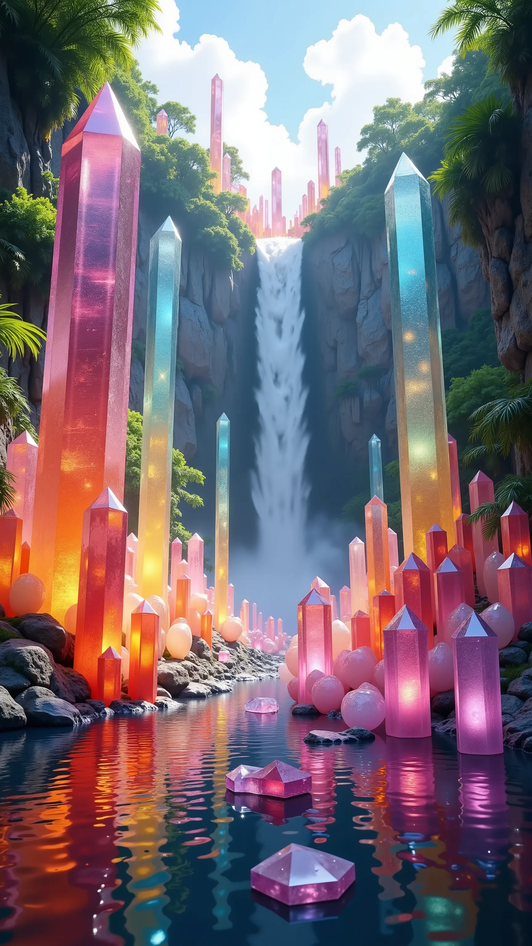 A cliff that is 300 feet tall made up of gigantic quartz crystal points that are multicolored pillars in a tropical rainforest. In the middle of these skyscraper sized quartz crystals is an incredible gushing cascading waterfall that pours into a beautiful...
