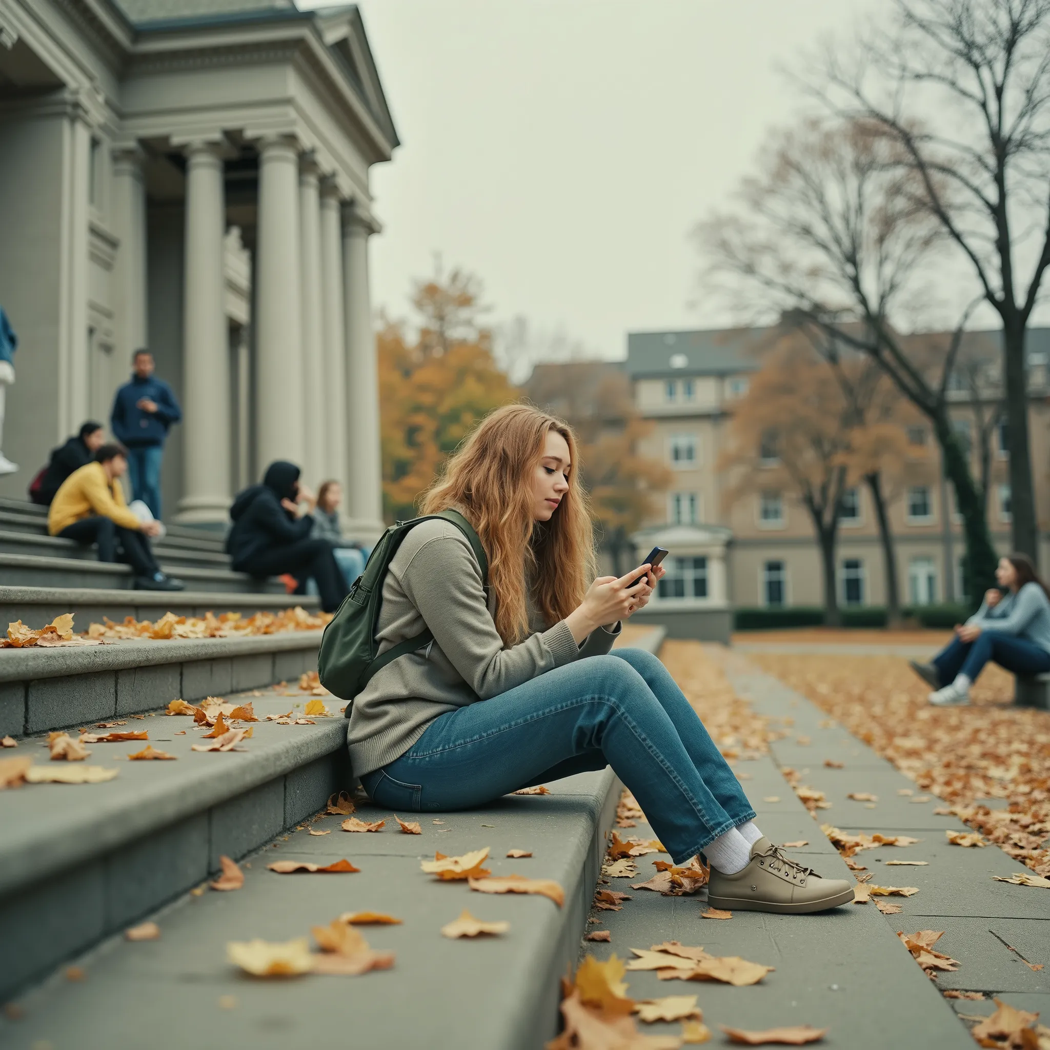 A low-angle frontal view of a young woman with long, thick, peach-blonde curly hair, sitting casually on the stone steps of a classically designed university building. She is wearing light denim overalls over a black sleeveless T-shirt, conveying a youthfu...
