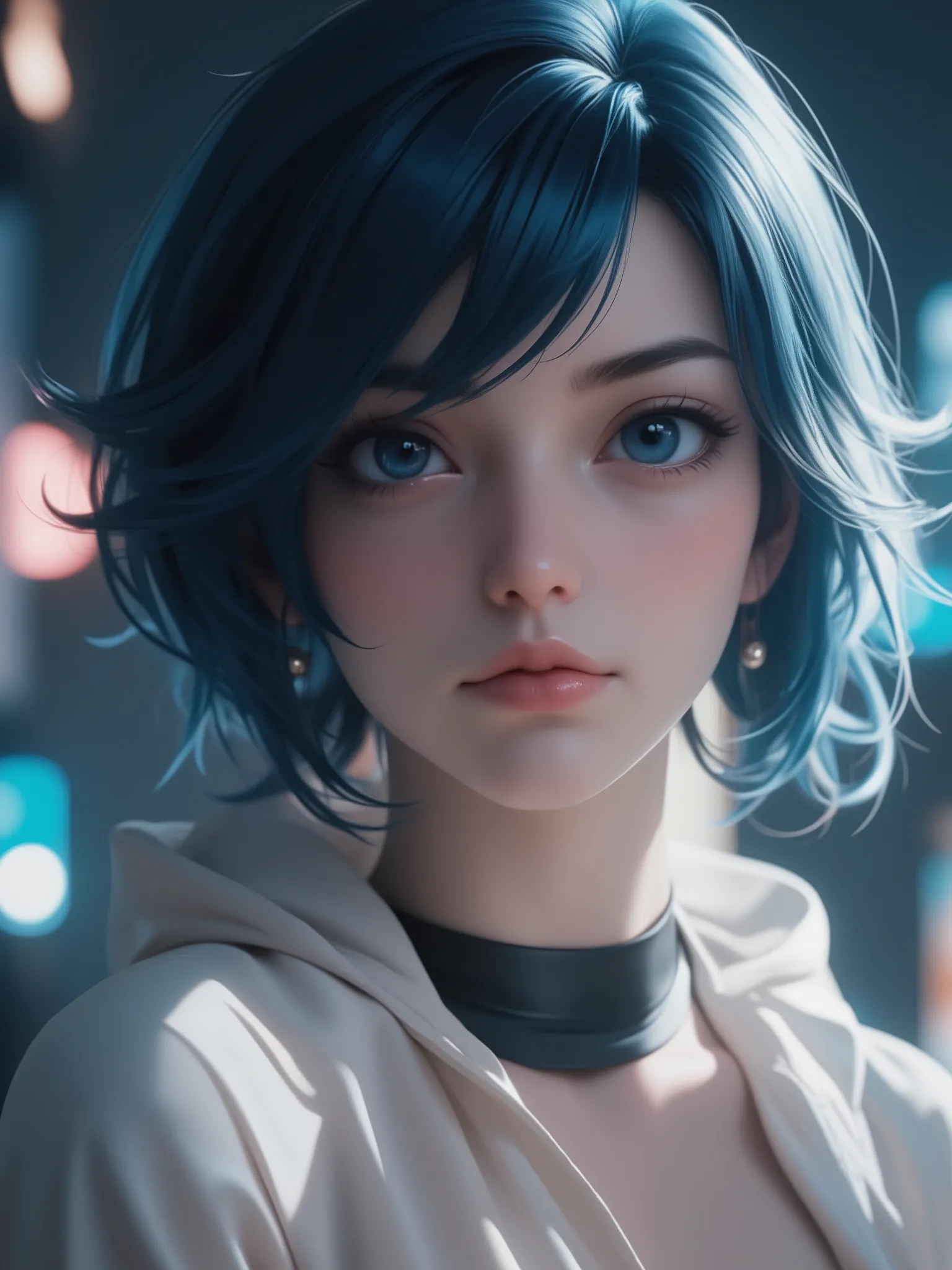 super realism, dark blue hair, short hair, super high resolution, 8k, master piece, sublime, fractal, intricate, high quality CG, Beautiful CG, Soft Light, fashion brand image, Fashionable and casual, The Tyndall effect, lifelike, studio, Side lighting, (H...