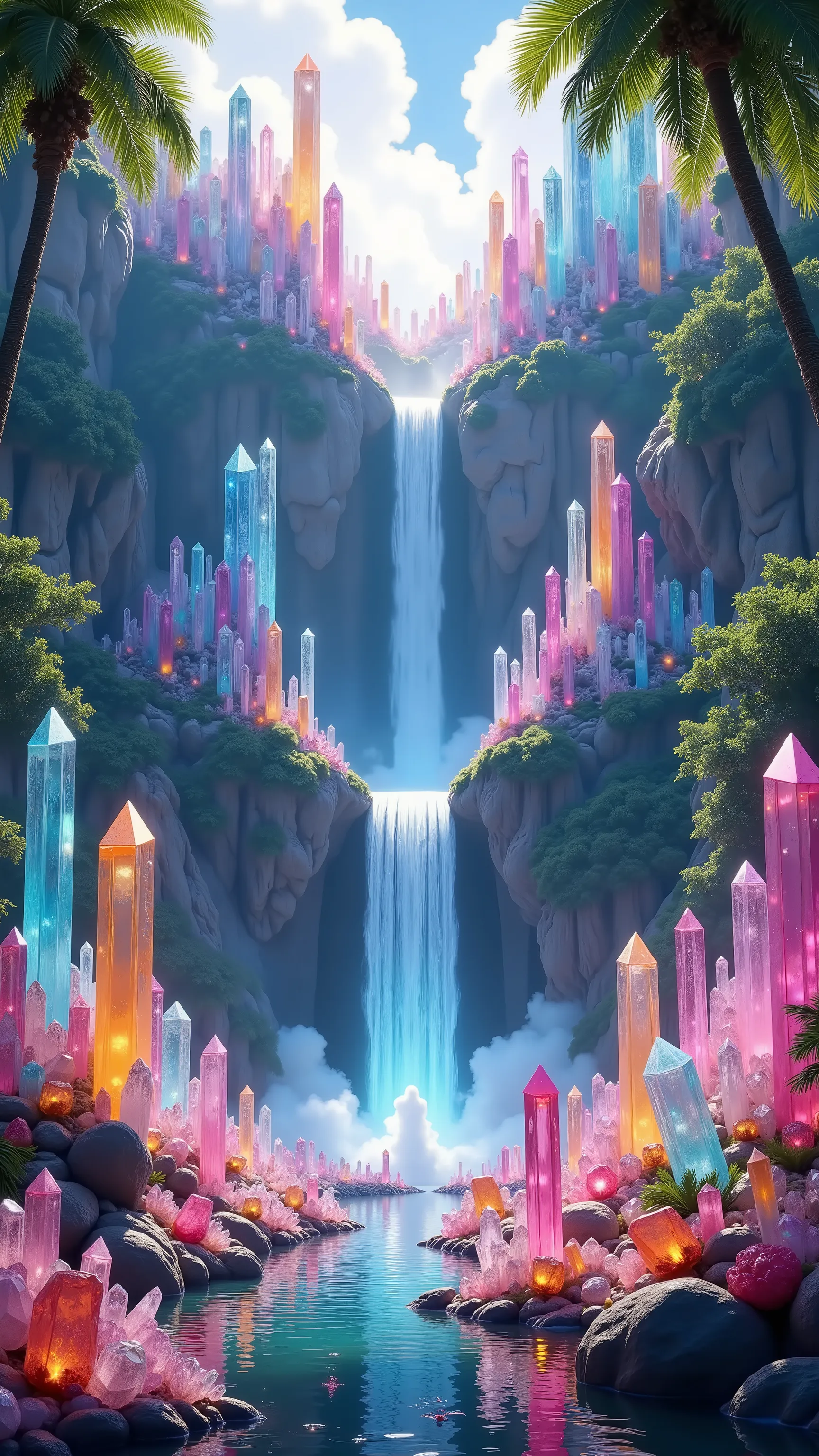 A cliff side that is 300 feet tall made up of gigantic quartz crystal points that are multicolored pillars in a tropical rainforest. In the middle of these skyscraper sized quartz crystals is an incredible gushing cascading waterfall that pours into a beau...