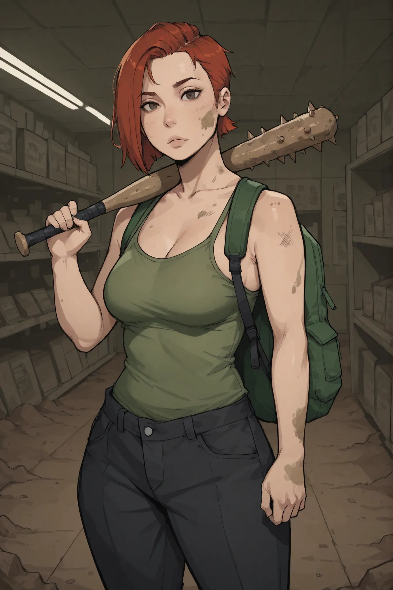1 girl, reddish ginger hair, side cut hair, voluptuous, medium breasts, moss green tank top, black pants, backpack, holding a spiked bat, dirt skin, abandoned dark convenience store, look at viewer