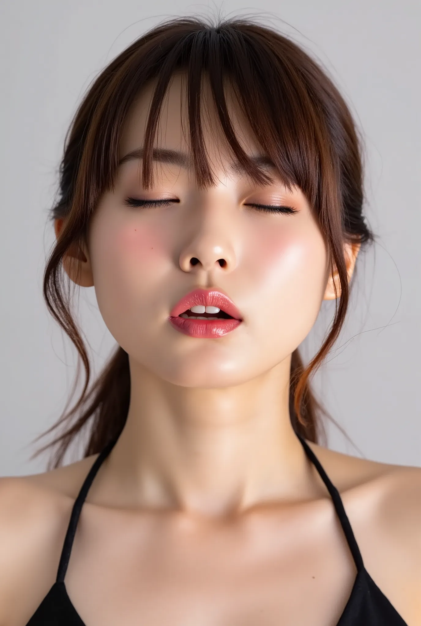 Japanese girl, head and collarbone in frame, black camisole, lips strongly pushed forward in a rounded puckered shape, circular kissy lips with intense gloss, lips as main focal point, soft pink wet lips with high-shine highlights, eyes closed with joyful ...