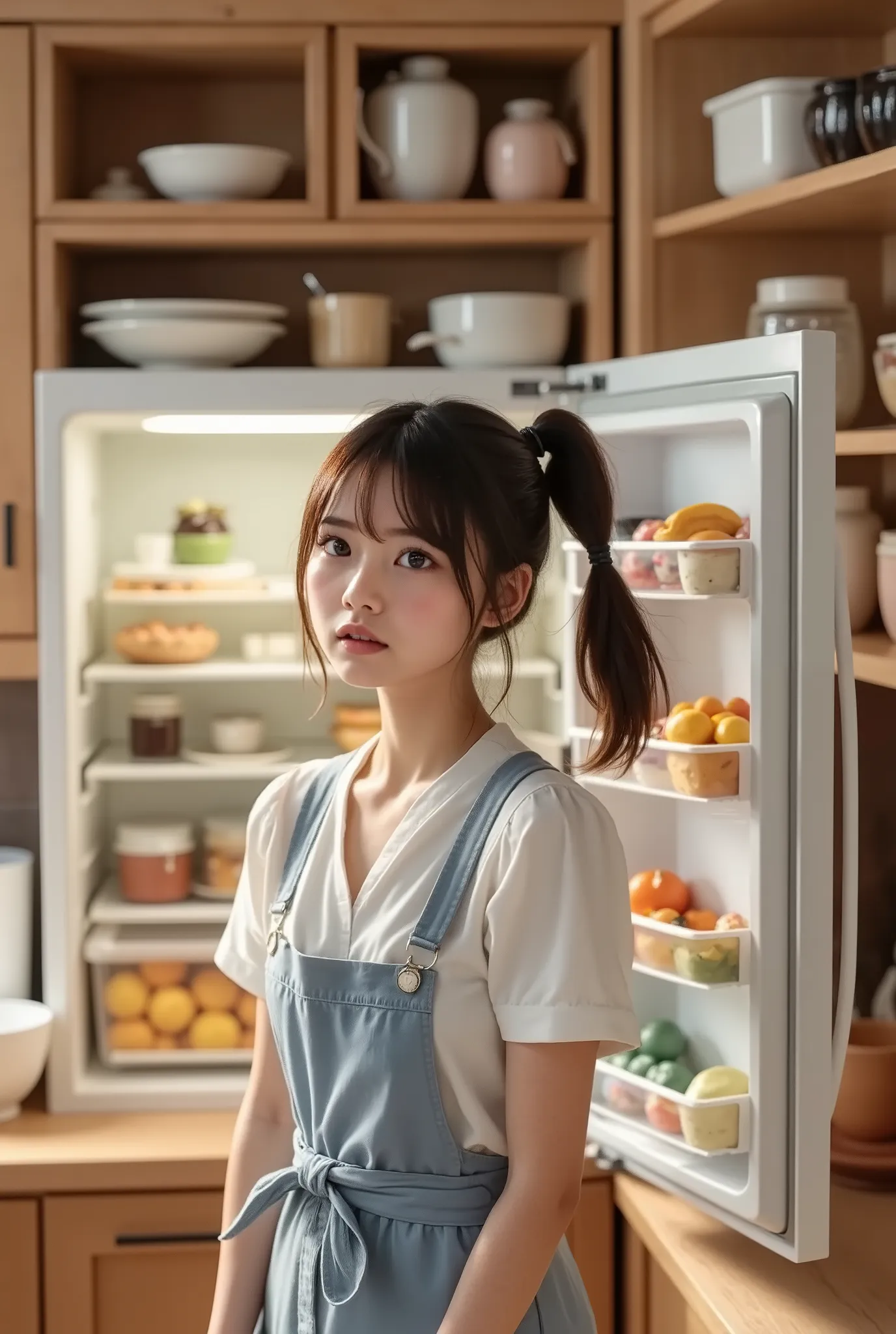 cute woman on the beach、I'm angry that pudding was eaten、home kitchen、In front of the refrigerator