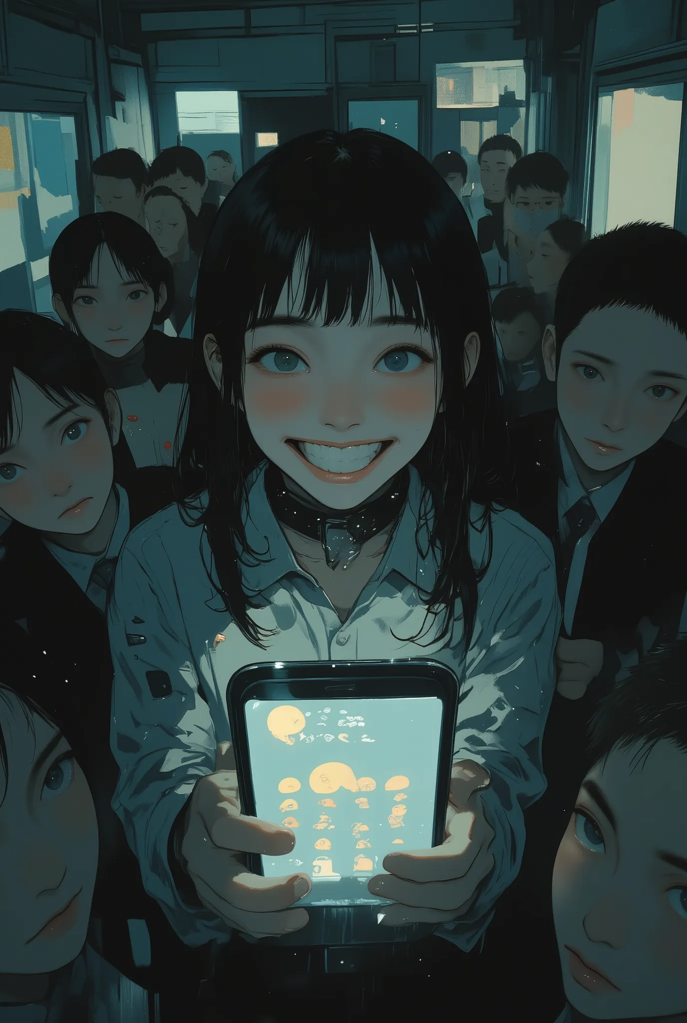 cinematic photorealistic scene of a person standing in a tense or somber environment, holding a smartphone with a glowing screen that displays an "Emotion Selector" app, the selected emotion set to "Laughter," the person’s face frozen in a wide, unnatural ...