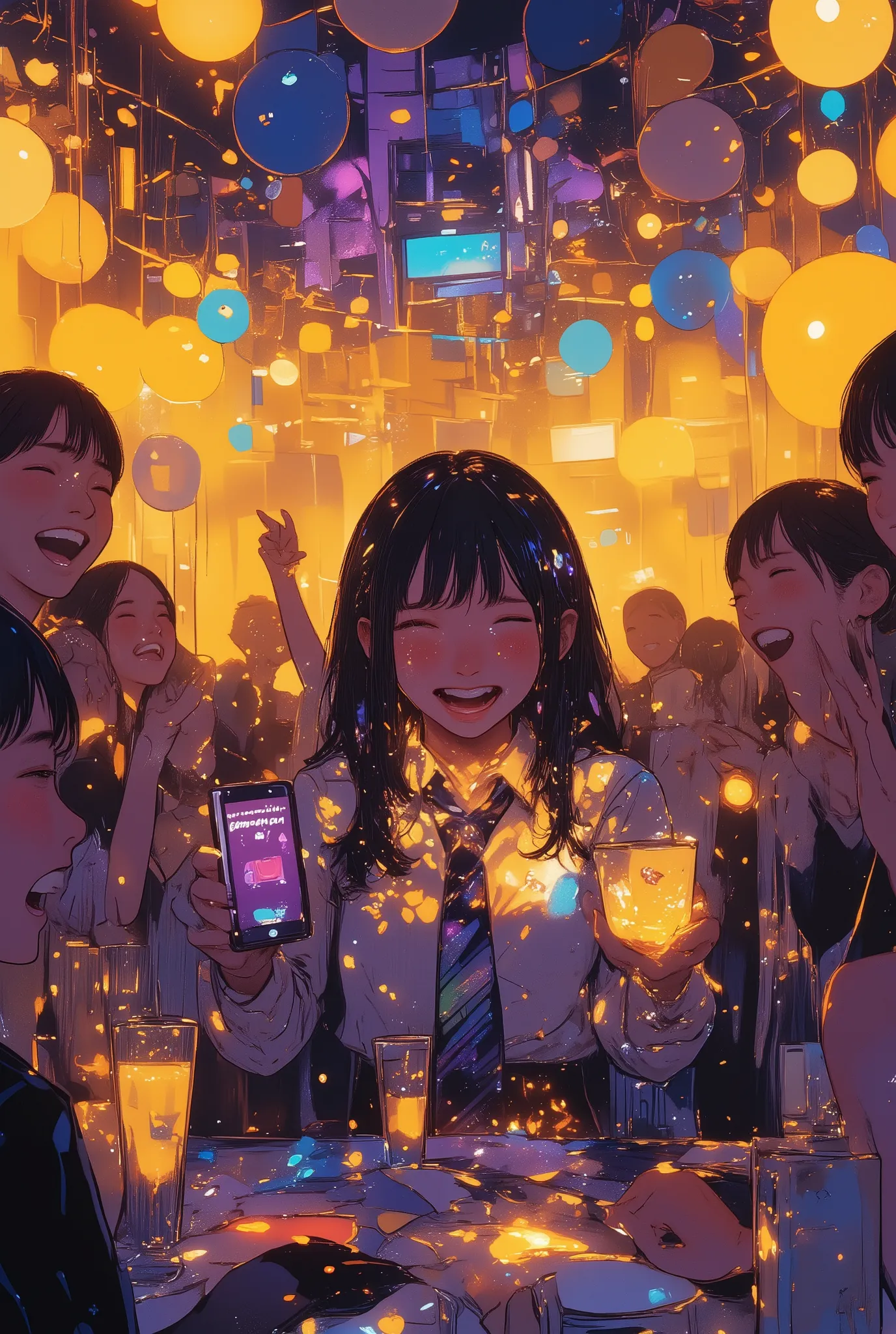 cinematic photorealistic scene of a festive party with people laughing, dancing, and celebrating under warm lights, in the center stands a person crying uncontrollably, tears streaming down their face, their mouth trembling, completely out of sync with the...