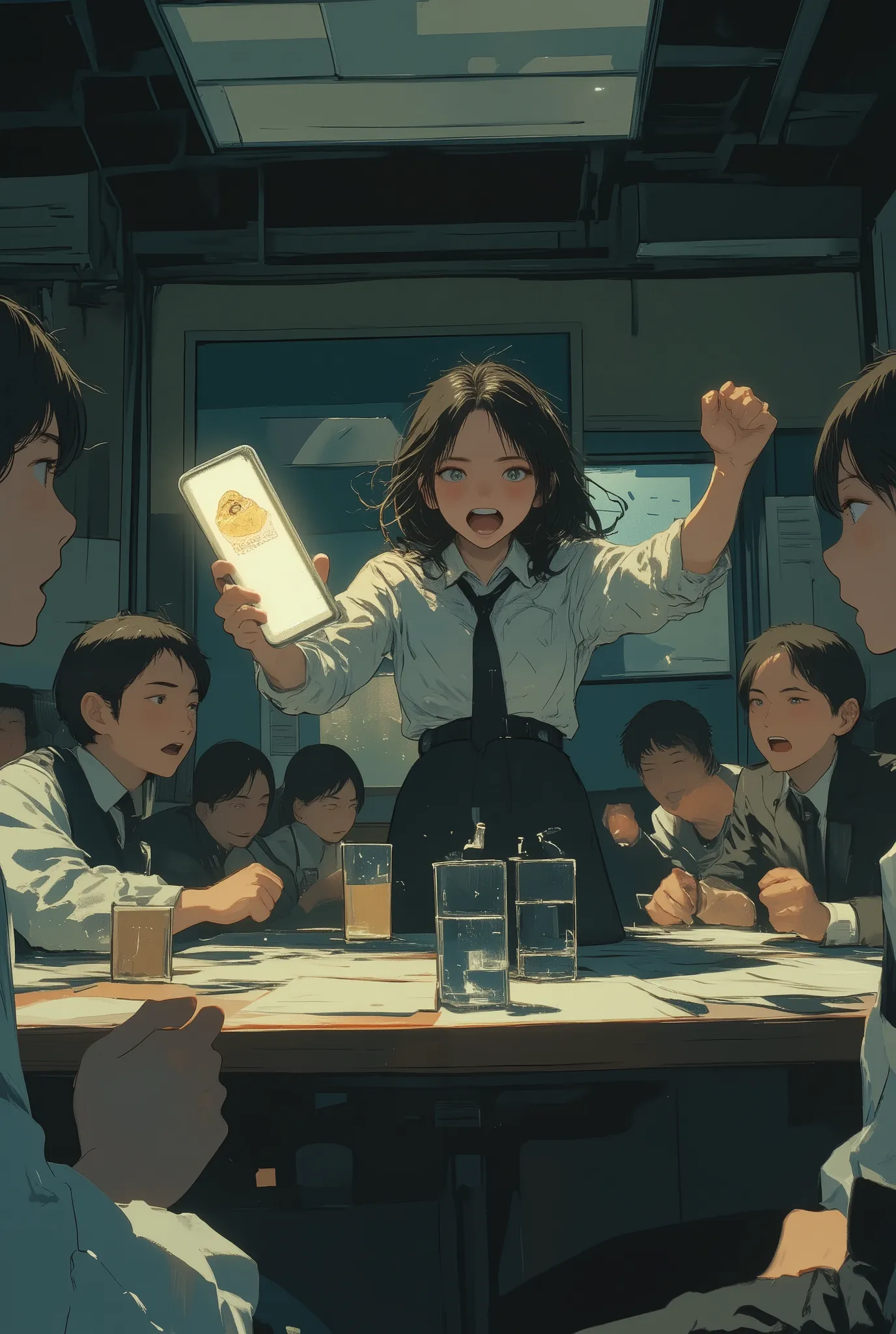 cinematic photorealistic scene of a tense office meeting with several people seated quietly around a conference table, a young woman suddenly standing up in anger, shouting with clenched fists and a furious expression, holding a glowing smartphone in one h...