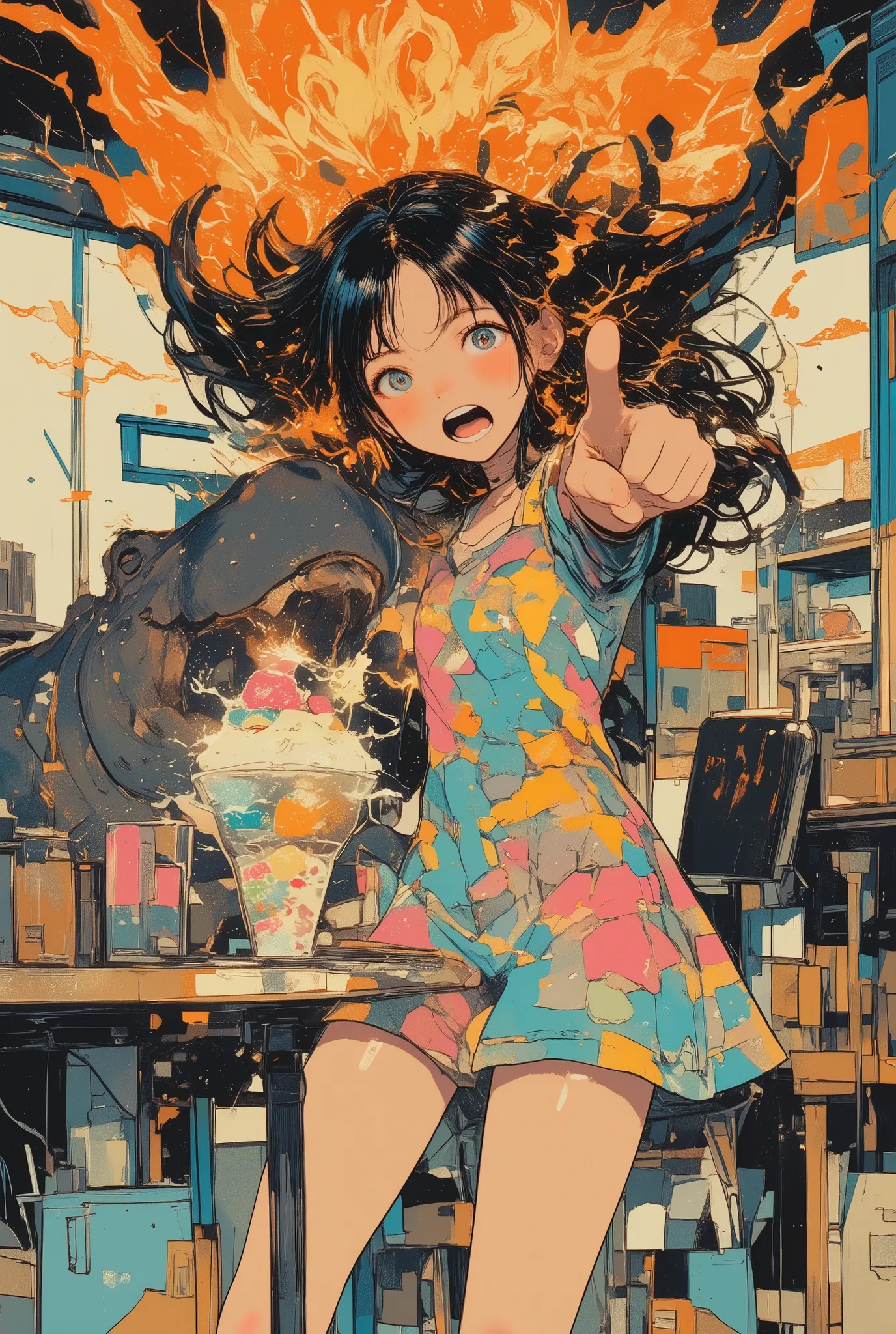 anime-style illustration, a young girl with long dark hair in a summer dress, standing up from her cafe chair with fiery rage, her eyes blazing and mouth wide open in a dramatic yell, magical energy and sparks surrounding her, as she points accusingly at a...