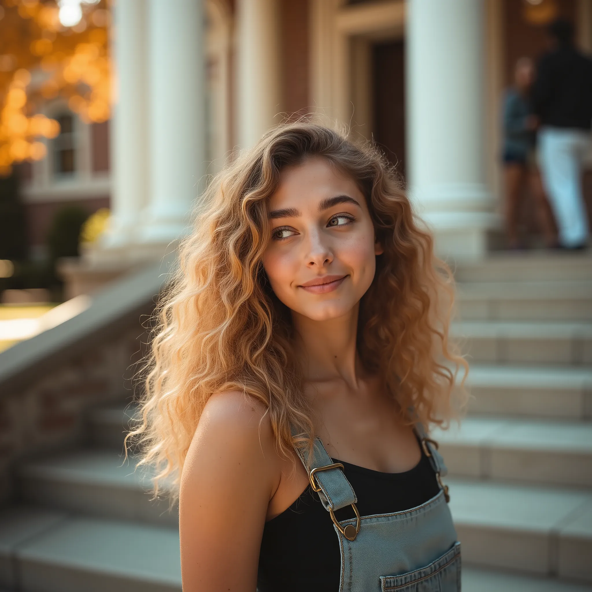 Cinematic daytime close-up of a young woman with long, voluminous peach-blonde curly hair, sitting on the steps of a classical university building. She is captured in a tender, candid moment, her slim face turned slightly to the side as she smiles softly,...