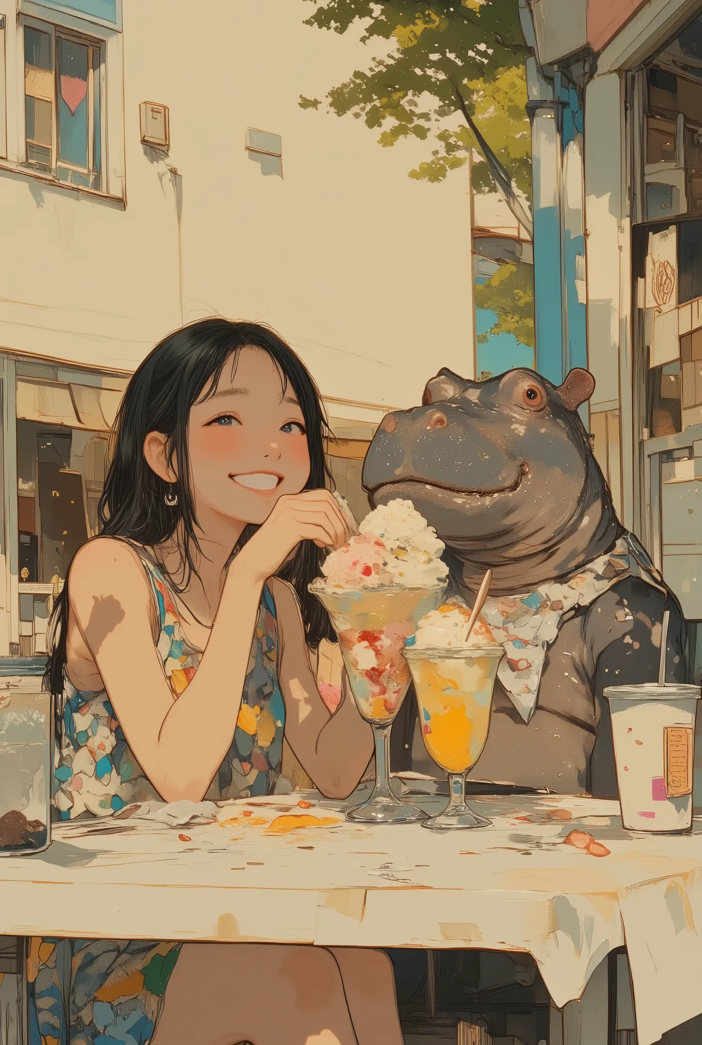 anime-style illustration, a young girl with long dark messy hair in a summer dress sitting on a sunny outdoor cafe terrace, smiling brightly with joyful eyes as she shares a large colorful ice cream sundae with a friendly hippo sitting beside her, both hap...