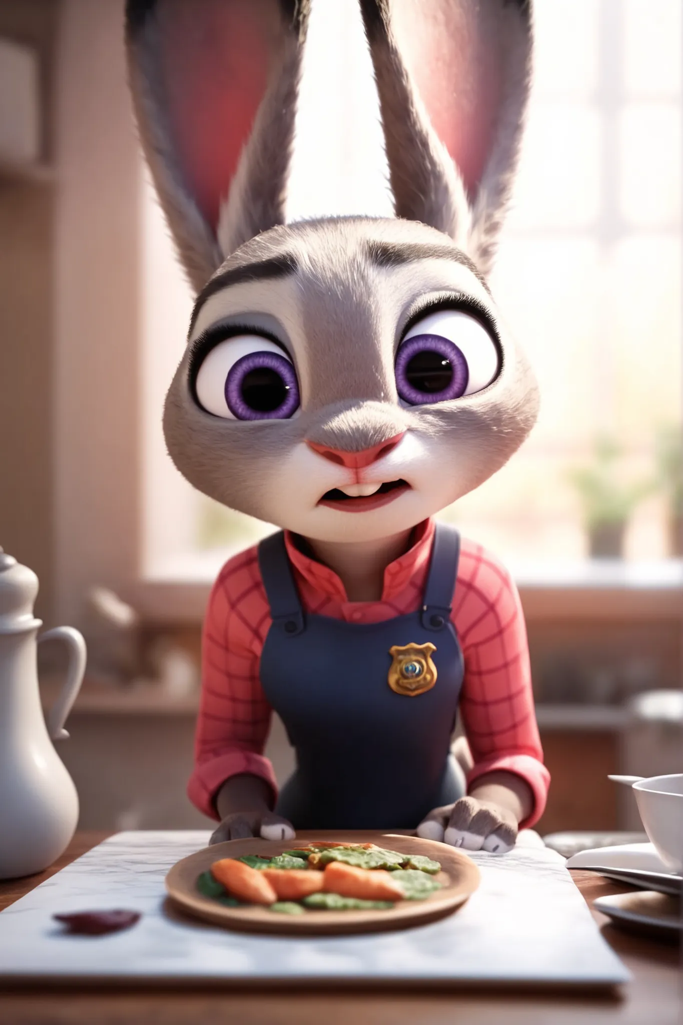 (Judy Hopps 1:1), cinematic scene, masterpiece, in a kitchen. She is begging for food. Begging face