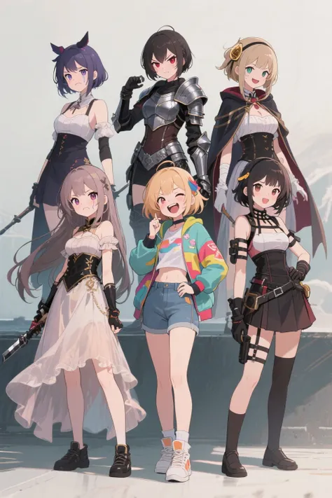 Highest Quality、anime style、Describe each girl with the following emotions by classifying them、anger、sorrow、Laughter、fun、Evil free、masterpiece