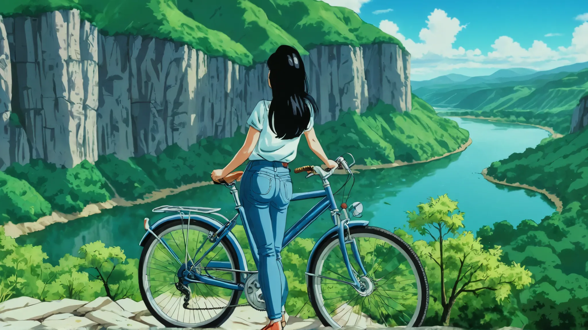 Rear view of a woman in her 20s with a bicycle on a riverside cliff, jeans, Tuftop, black hair, skinny, Detailed picture 4 K , amazing artistic style , landscape art, Landscape Art Details, rich and beautiful colors , beautiful retro art, beautiful deta...