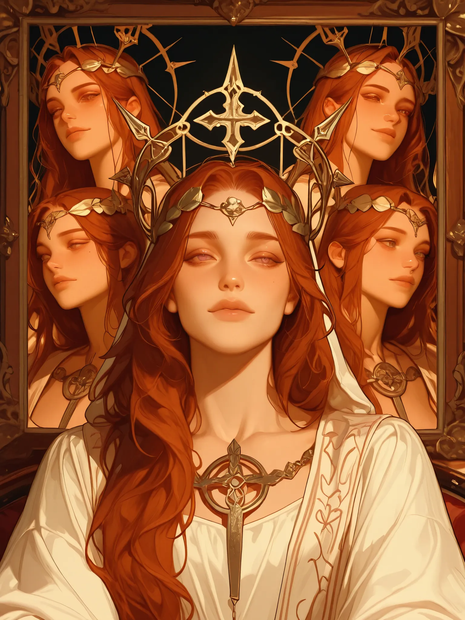 Dividing OC in many frames in one picture, each frames shows different emotion expressions. OC is a young , androgynous female demon noble girl—duchess seated gracefully side-saddle atop a majestic, ancient camel with deep, soulful eyes. She has long, flow...