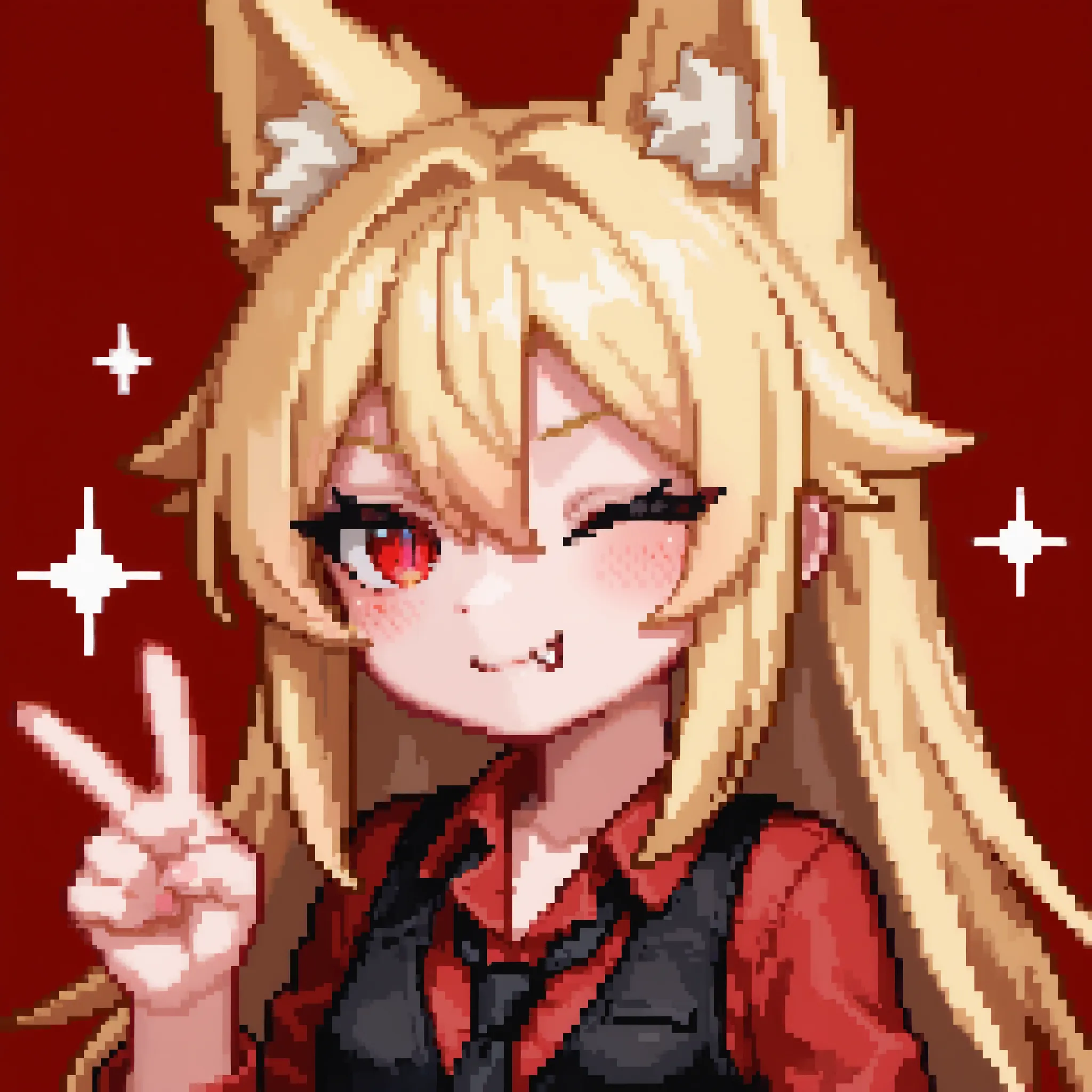 masterpiece, best quality, amazing quality, hyper-detailed, very aesthetic, absurdres, highres, 1girl, solo, blonde hair, shoulder-length hair, spiked bangs, spiked hair ends, spiked hair between eyes, mogeko ears , hair flaps, red eyes, slit pupils, glowi...