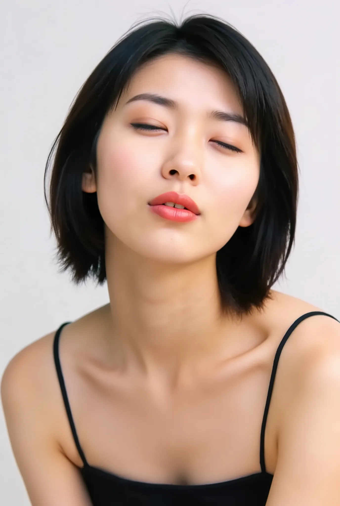 Japanese girl, head and collarbone in frame, black camisole, lips strongly pushed forward in a rounded puckered shape, circular kissy lips with intense gloss, lips as main focal point, soft pink wet lips with high-shine highlights, eyes closed with joyful ...