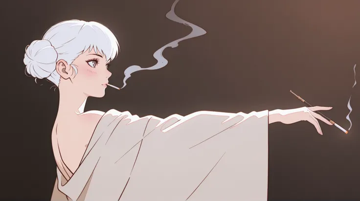 Triple tone {anime style illustration}, subject:: {elegant anime woman with white hair in a loose bun, wearing a deep plum evening gown with sheer sleeves, leaning back with eyes half-closed and smoke rising from a thin cigarette holder in her hand}, style...