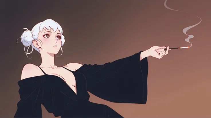 Triple tone {anime style illustration}, subject:: {elegant anime woman with white hair in a loose bun, wearing a deep plum evening gown with sheer sleeves, leaning back with eyes half-closed and smoke rising from a thin cigarette holder in her hand}, style...