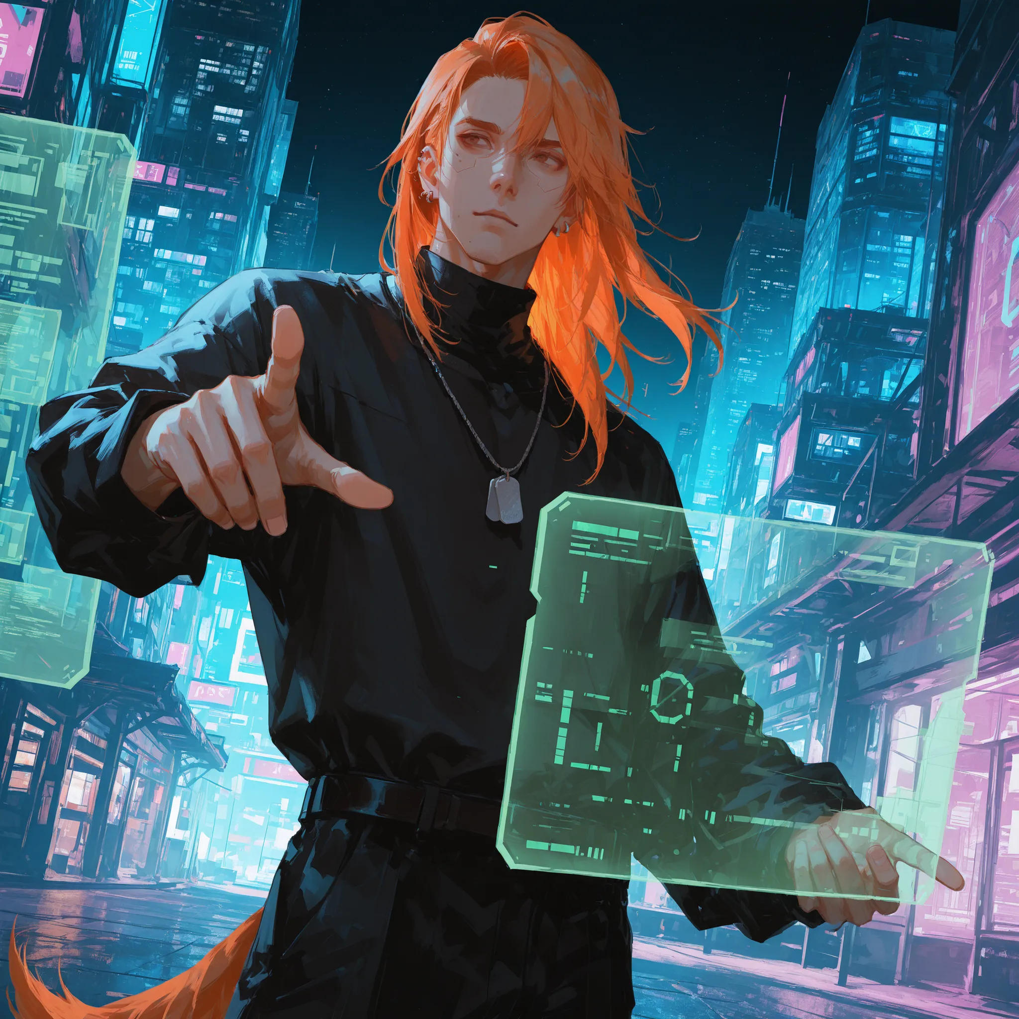 upper shot, dutch angle, makes an aesthetic, Master piece, Best Quality, ultra detailed, a handsome man, (man:1.6), solo, (male:1.6) long Hair, male orange hair, male low pony-tail, relaxed, brown eyes, toned, black turtleneck shirt with Cyberpunk-style pa...