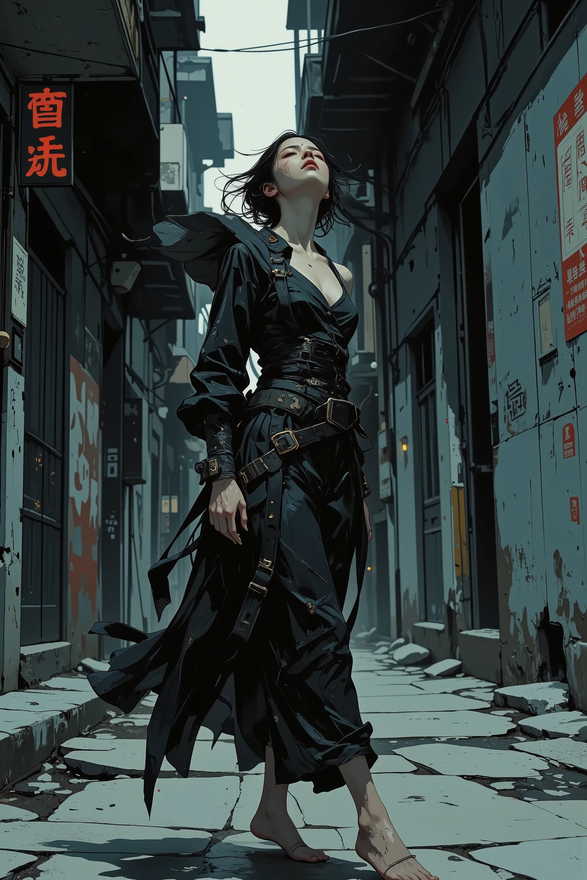 (masterpiece, best quality, dramatic shadow, expressive body language, 2:3 aspect ratio, avant-garde emotional performance)
A young woman in a tattered black dress made of layered fabrics, barefoot, standing alone in a narrow, crumbling urban alley. Her b...