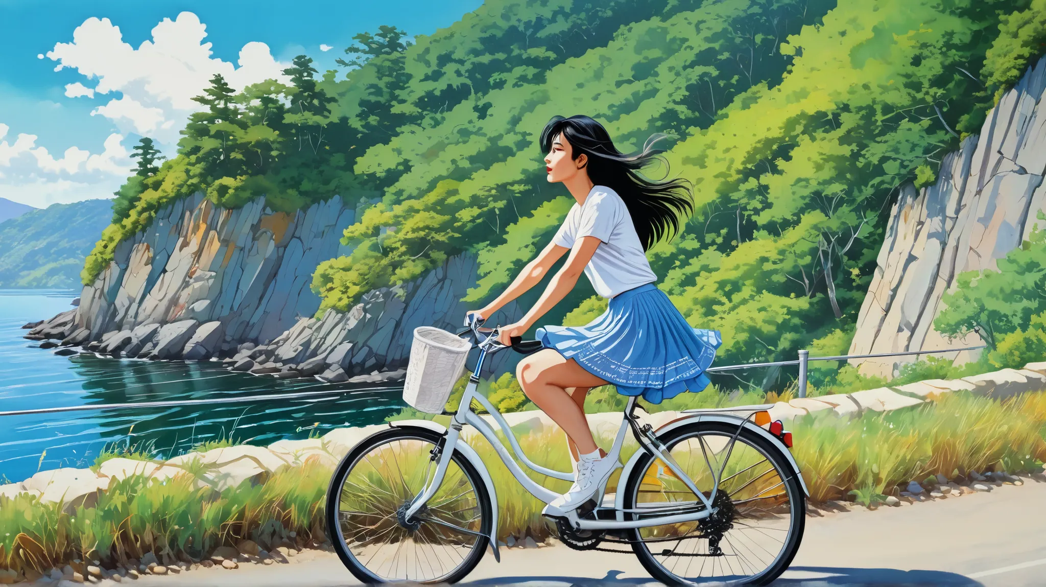 side view of a woman in her 20s riding a bicycle on a riverside cliff road, Colored skirt, Blowing in the wind , Exposing white panties, white tee,  black hair, Detailed picture 4 K ,  amazing artistic style , landscape art, Landscape Art Details,  rich an...