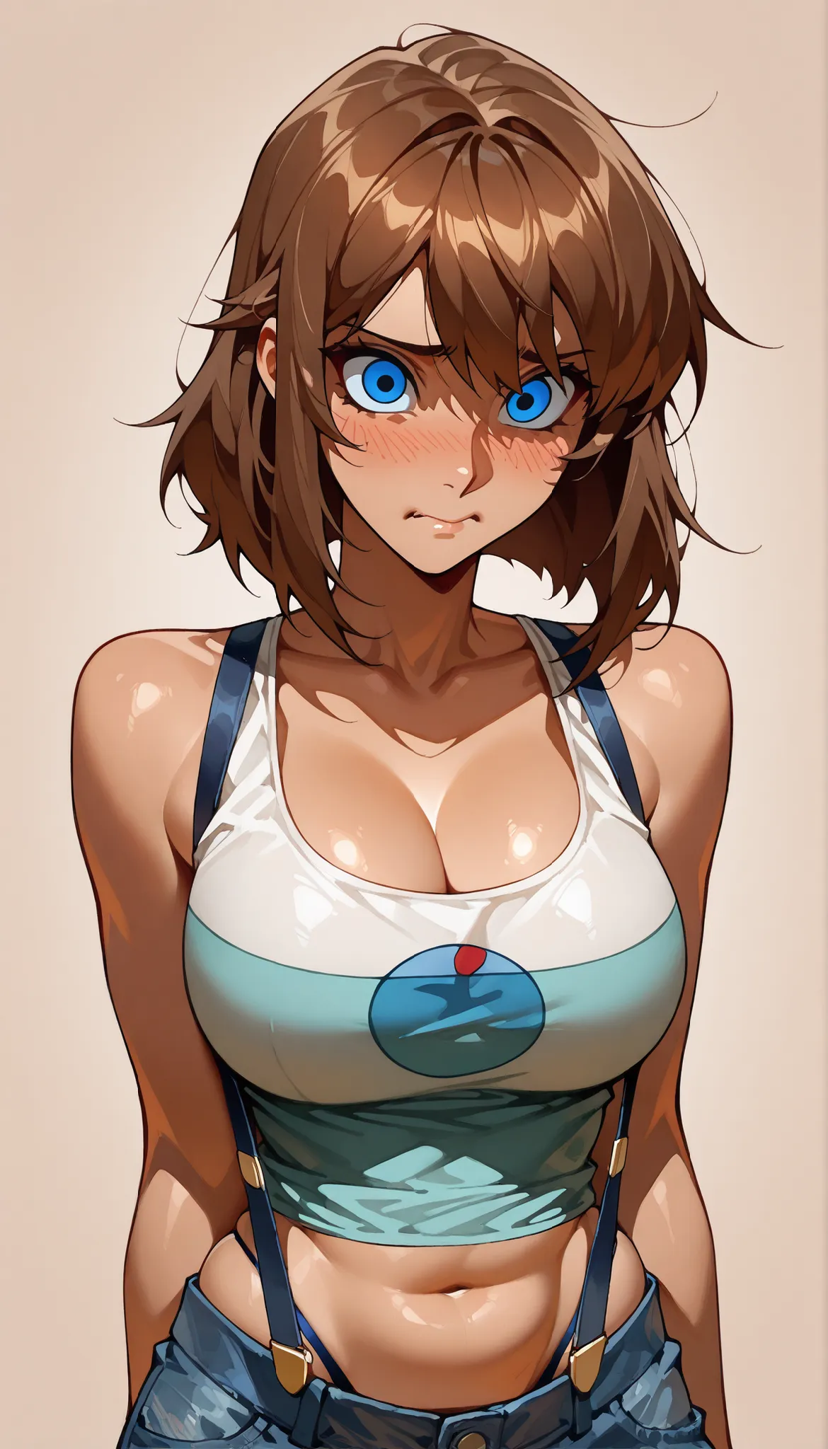 (masterpiece), best quality, upper body portrait, perfect face, 1girl, athletic body, mesmerizing expressive eyes, short straight brown hair, shy mood, mist, (Animated Design: 1.5), thong, belly , cleavage, low-rise jeans shorts, tank top, suspenders over ...