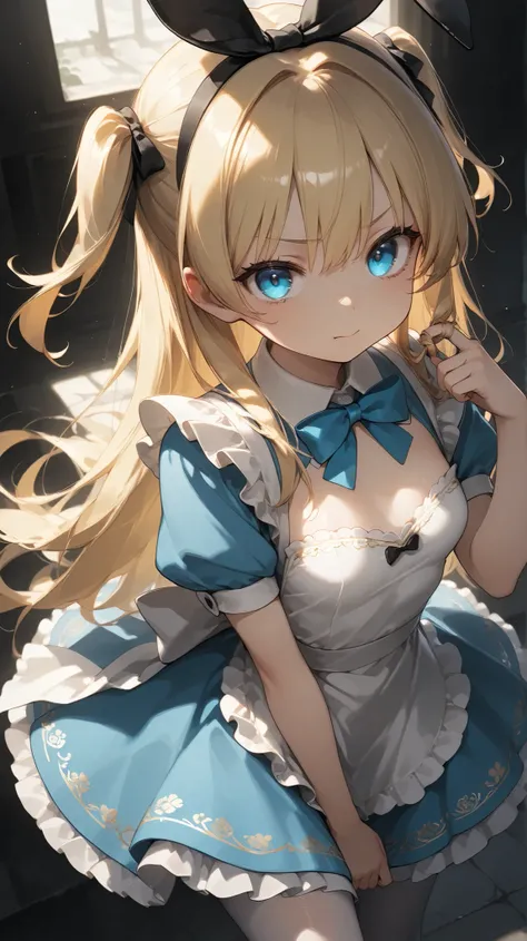 ((( Alice in Wonderland))、((Culotte Skirt with Elaborate Embroidery and Ruffles 、Delicate Embroidered Pantyhose、glowing skin、 small breasts 、 textured wheat skin 、 cheek、 supple legs、 Moist Eyes、Twirling Eyes 、radiant smile))、high definition、 masterpiece、解...