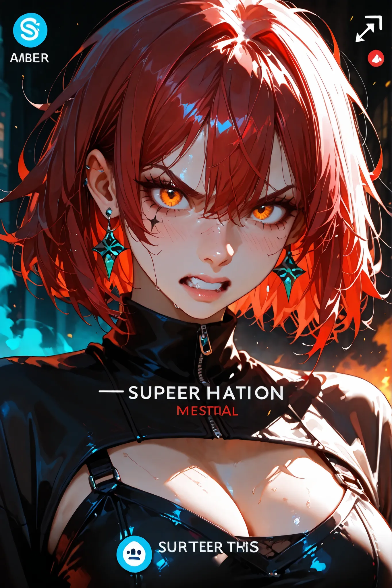 (SuperQuality:1.0) ~ (SuperQuality:1.2), detailxl, 1girl, Solo, High Resolution, Best Quality, High Details, Super Detailed, Short Hair, messy hair, Red Hair, Amber eyes, Large breasts, Earrings, Different Emotions, Emotion Chart, angry