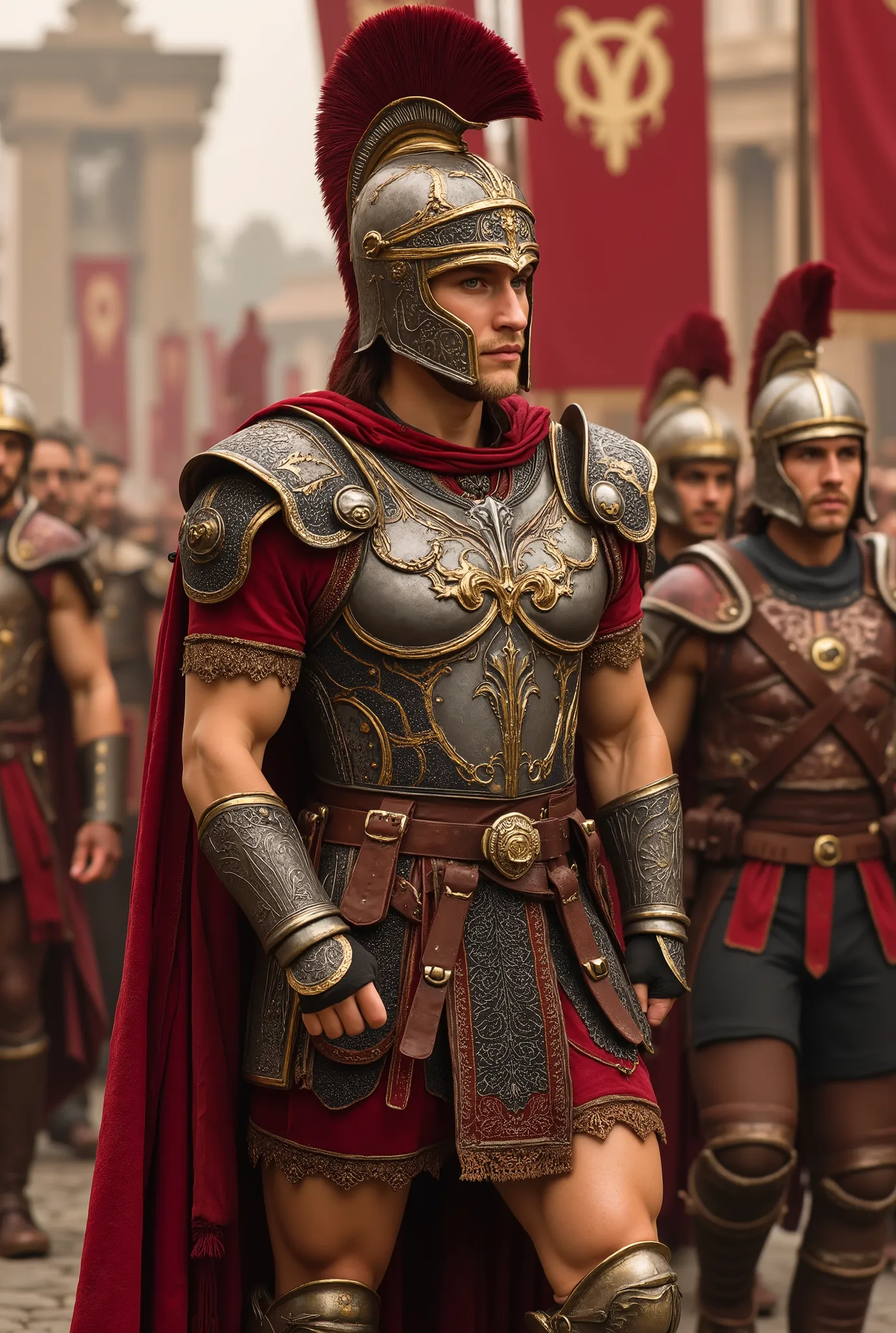A conquering hero marching into Ancient Rome to an adoring crowd followed by his troupes, legion banners, intricate details help define a sense of celebration, cinematic lighting conveys an epic atmosphere 