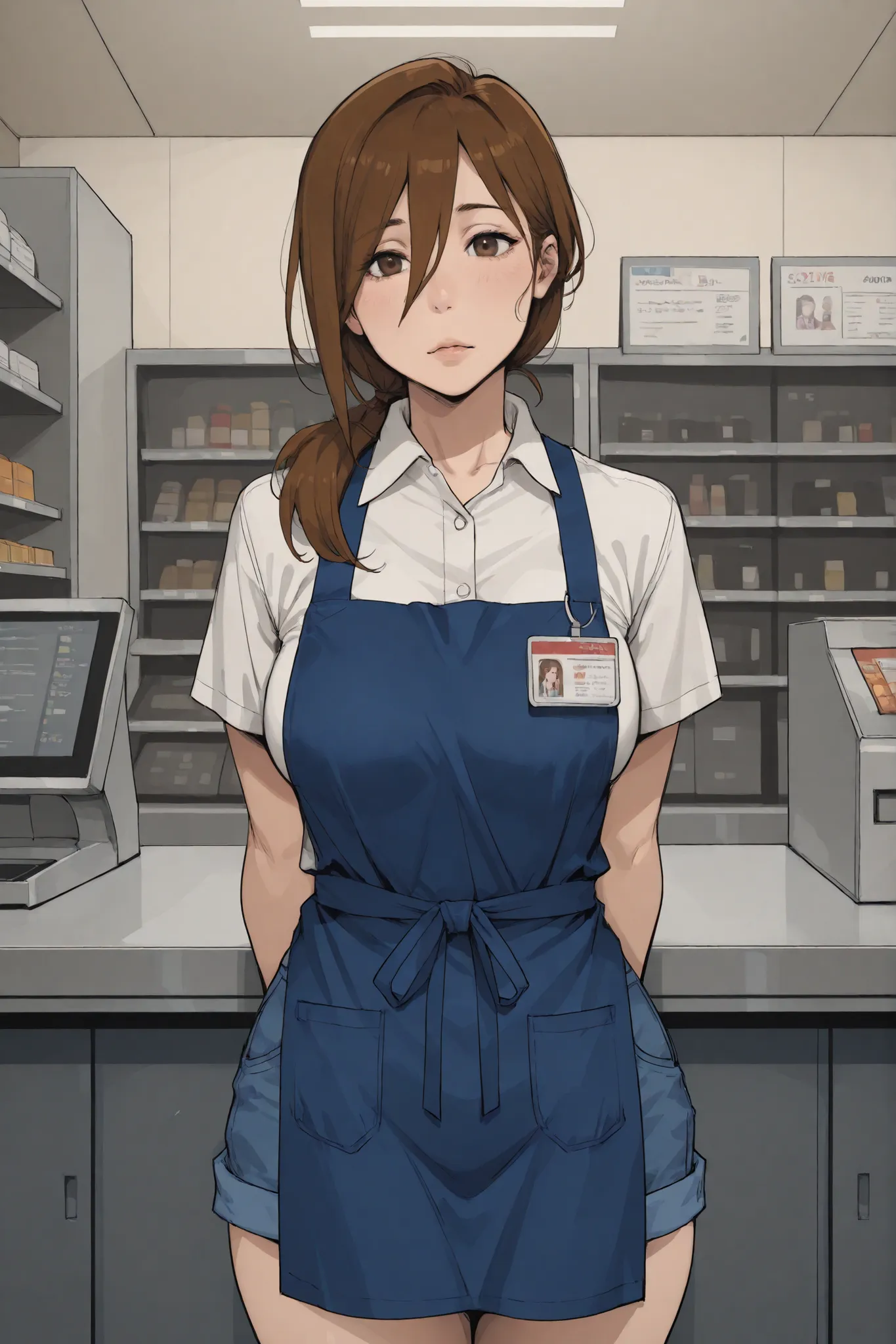 1 cashier woman, loose brown hair, long bangs, voluptuous, medium breasts, white shirt, blue apron, denim shorts, id card, store cashier, hands behind back, look at viewer
