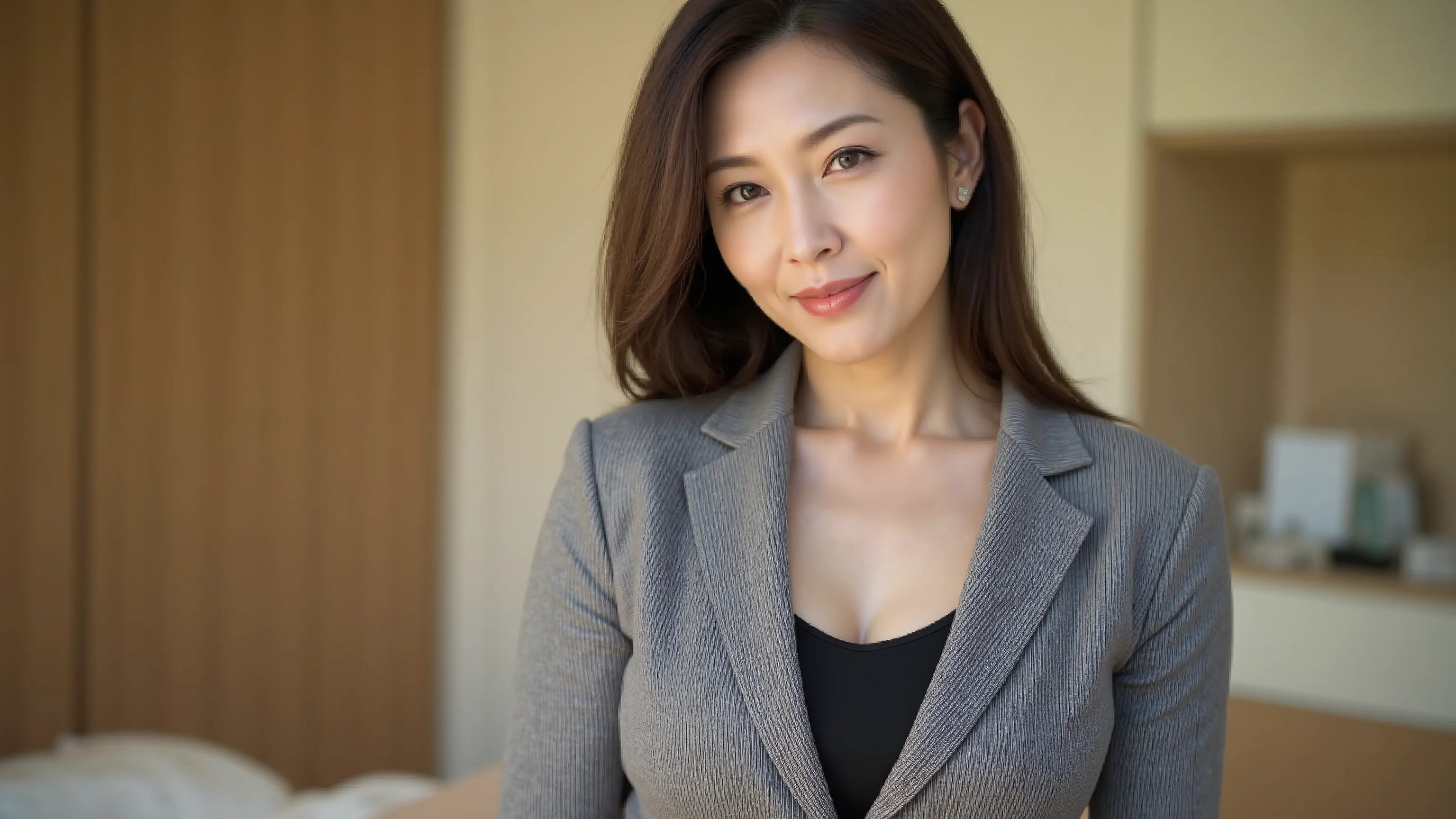 ６0 year old middle-aged woman、the focus is on a woman's eyes。((最high image quality、8k、masterpiece: 1.3))、realistic、sharp focus on the side of the speaker、high image quality、high definition、portrait、solo、Japan、clothes that show cleavage、Plump、Wave Hair、busi...
